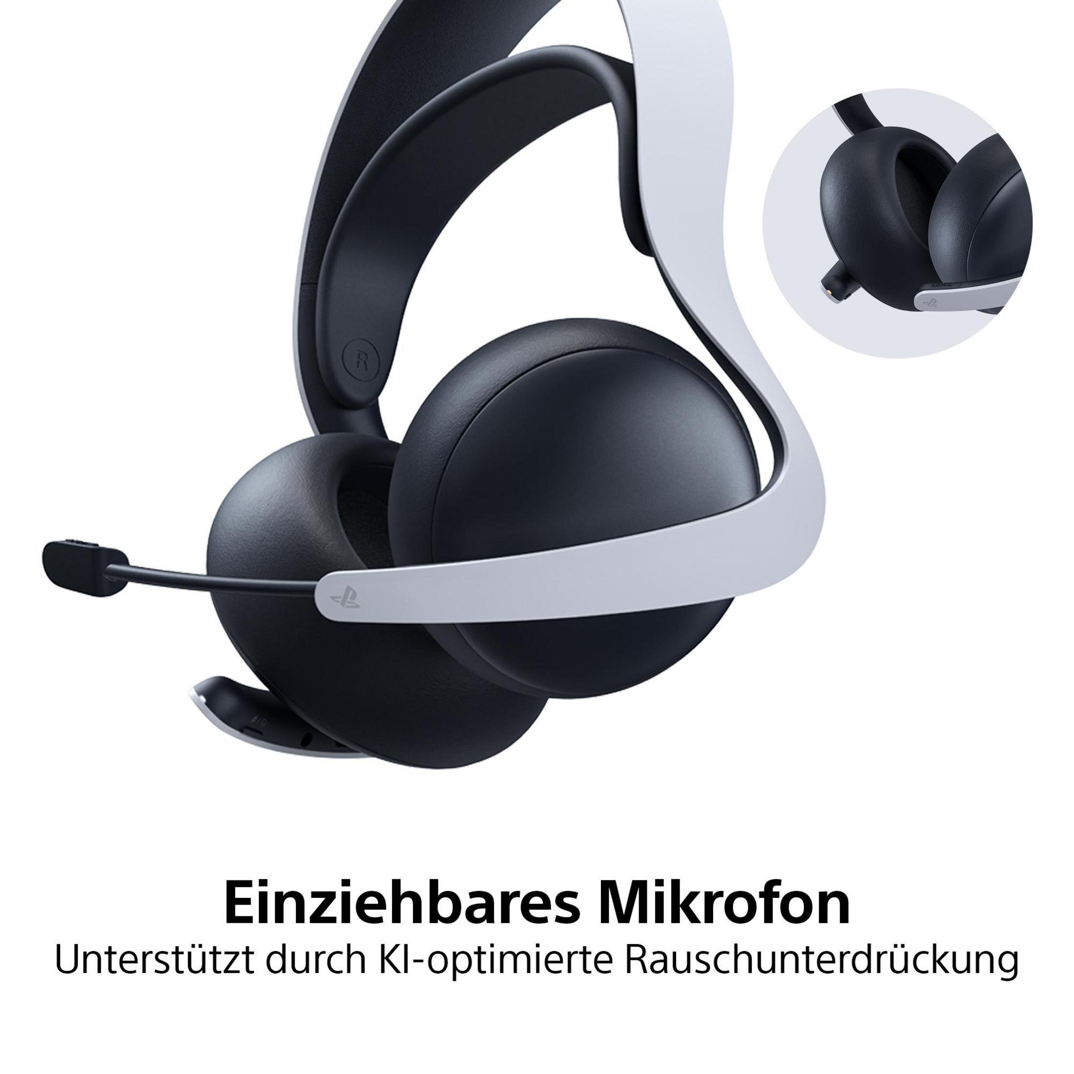 Schwarzer Kopfhörer mit weißem Bügel und einziehbarer Mikrofon.