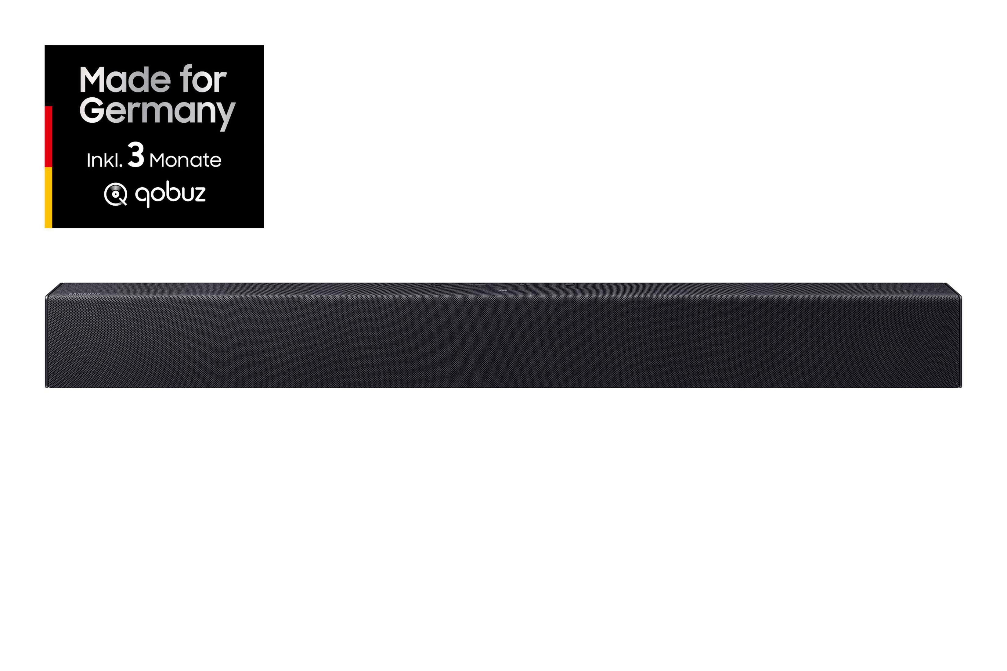 Schwarzer Soundbar mit "Made for Germany" Aufkleber und Qobuz Logo.