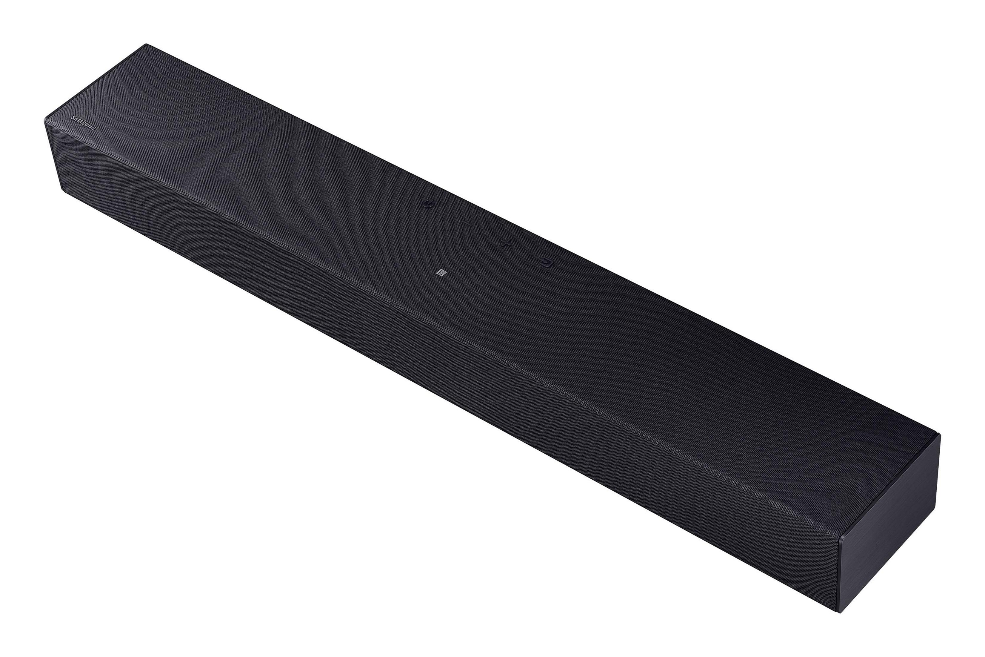 Schwarzer Samsung Soundbar mit Bedienknöpfen auf der Oberseite.