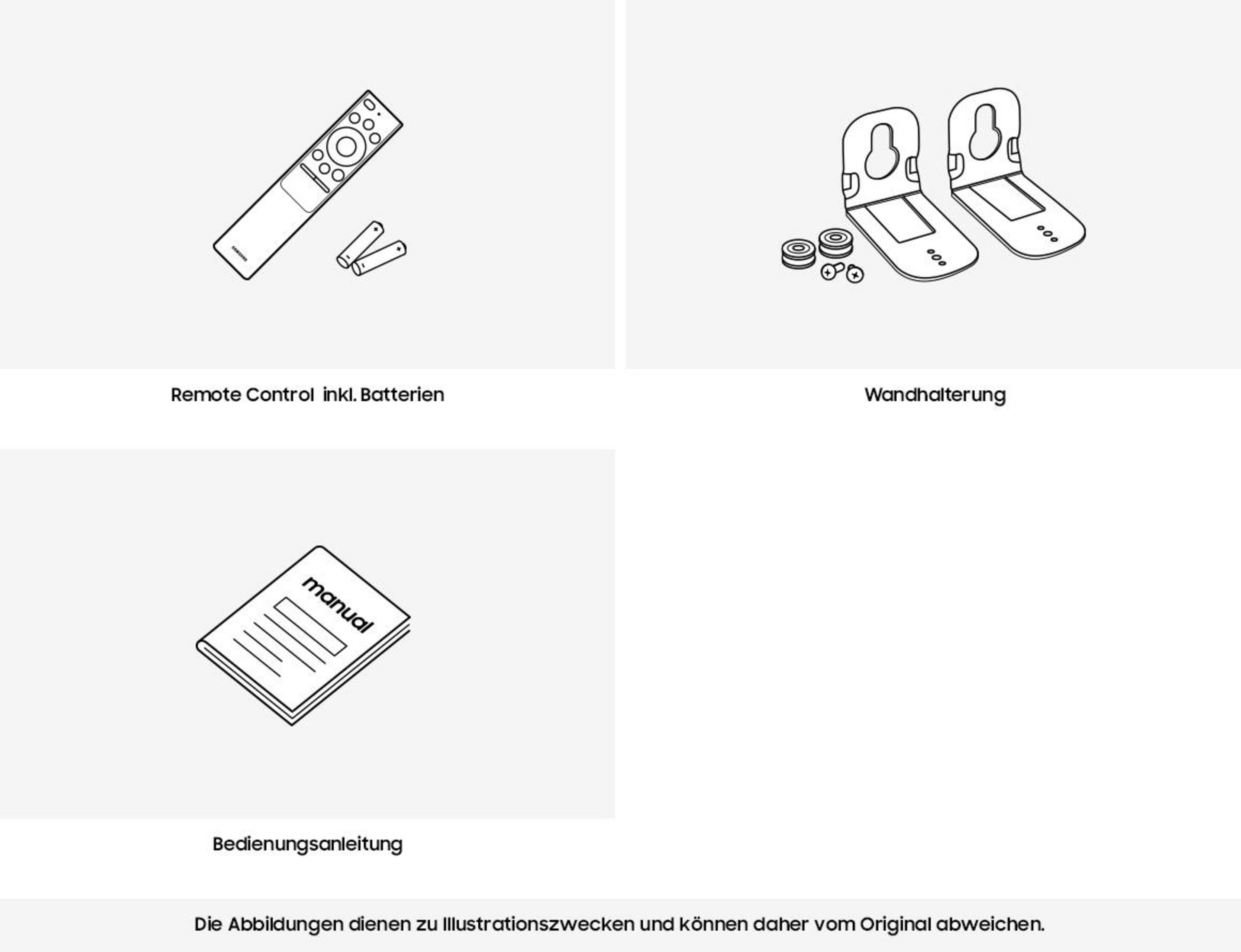Fernbedienung mit Batterien, Wandhalterung und Anleitung.