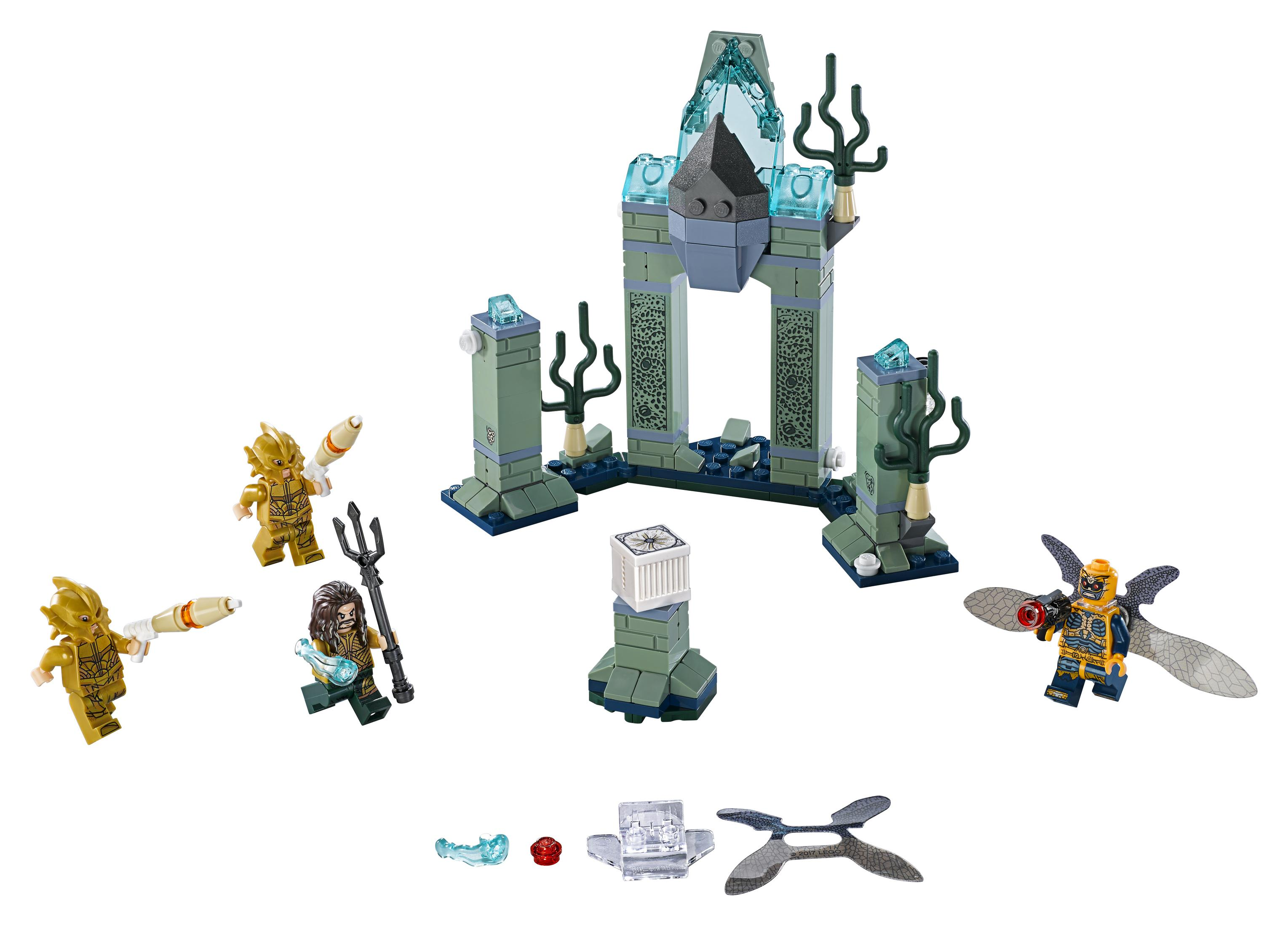 Lego figures with archway, weapons, and accessories on a white background.