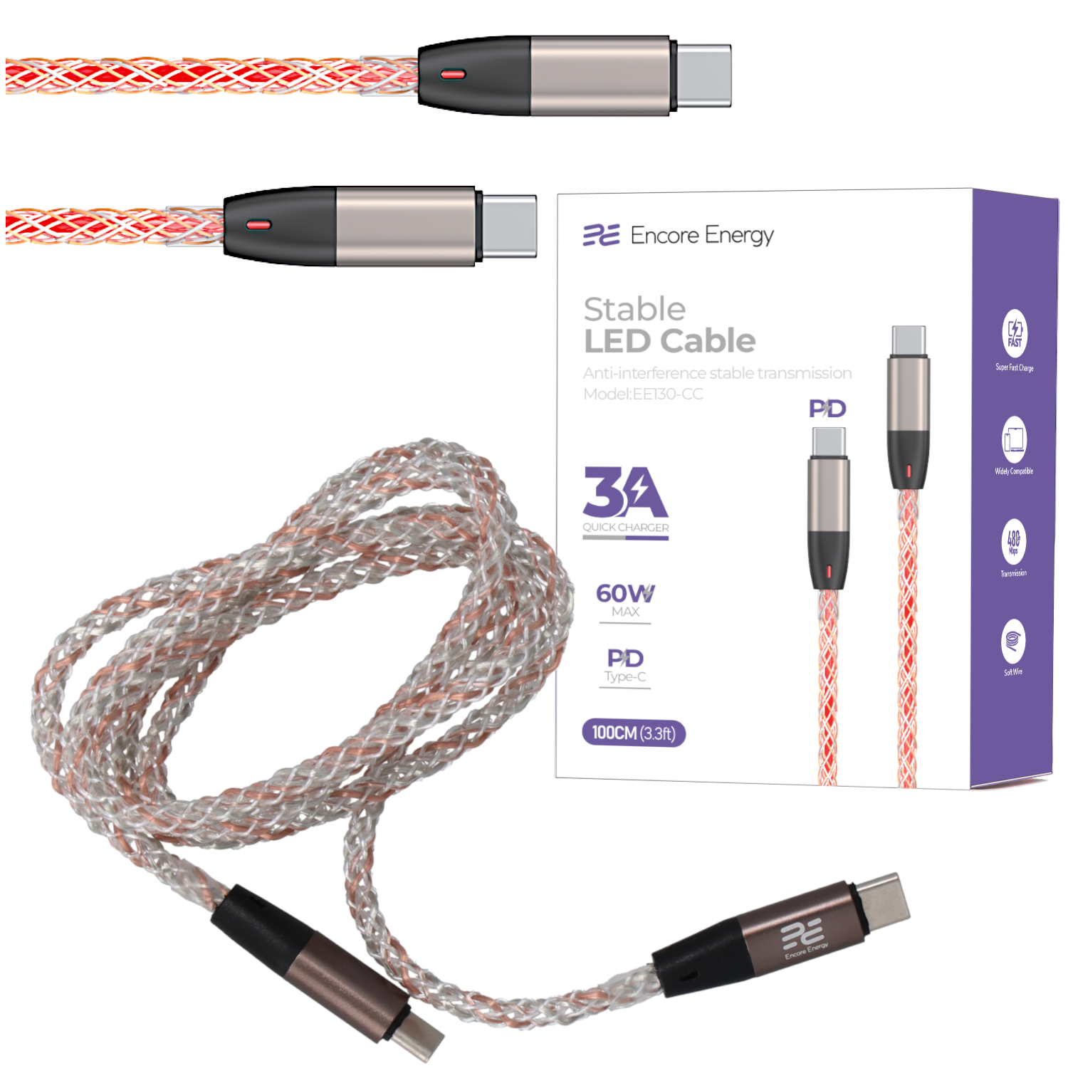 Kabel USB-C Encore Energy ze srebrnym złączem, plecionym przewodem i opakowaniem.