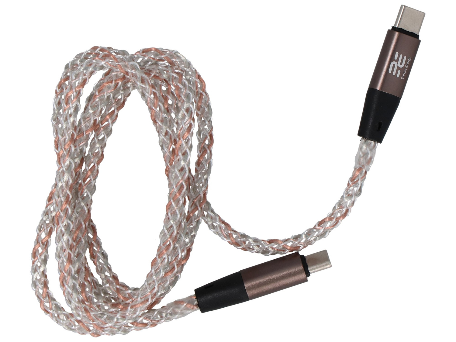 Kabel USB-C w oplocie z srebrnymi i różowo-złotymi nićmi. Widoczne dwa złącza.