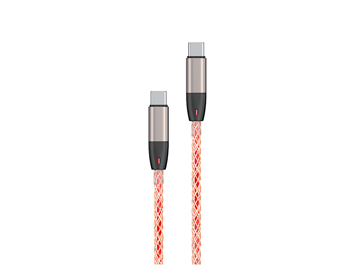 Dwa kable USB-C ze srebrnymi złączami i czerwono-białymi plecionymi przewodami.
