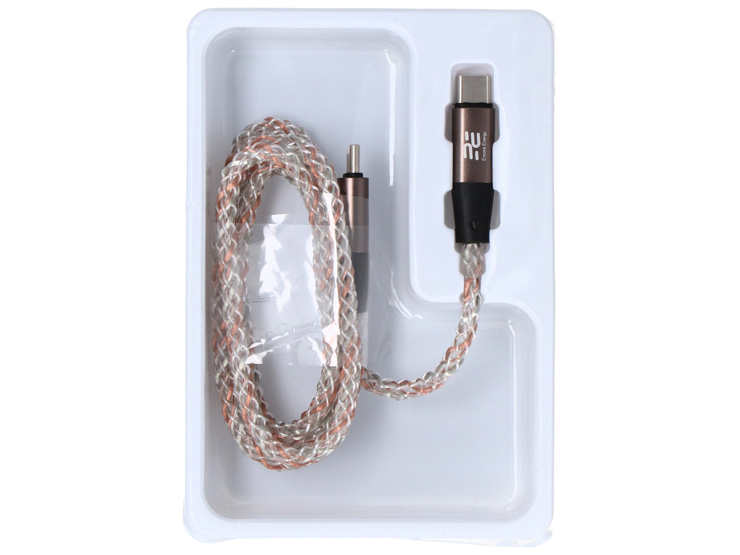 Spleciony kabel ze złączami USB-C i 3,5 mm w białym opakowaniu.