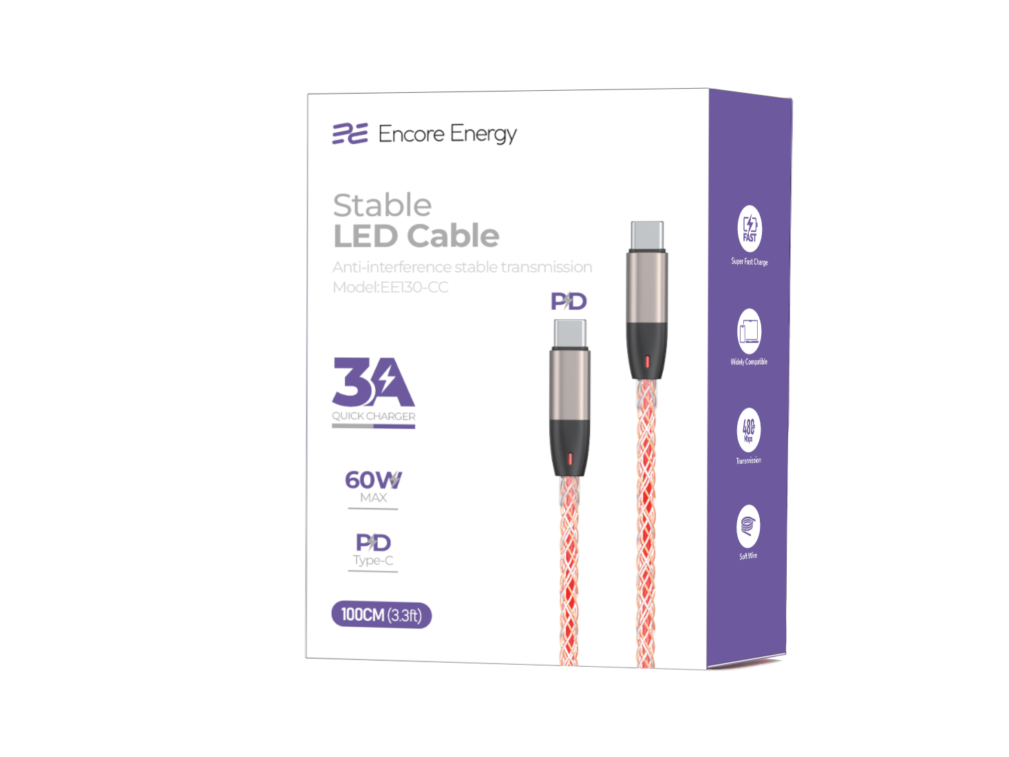 Kabel LED Encore Energy: 60W, 3A, PD, 100cm, czerwono-biały oplot.
