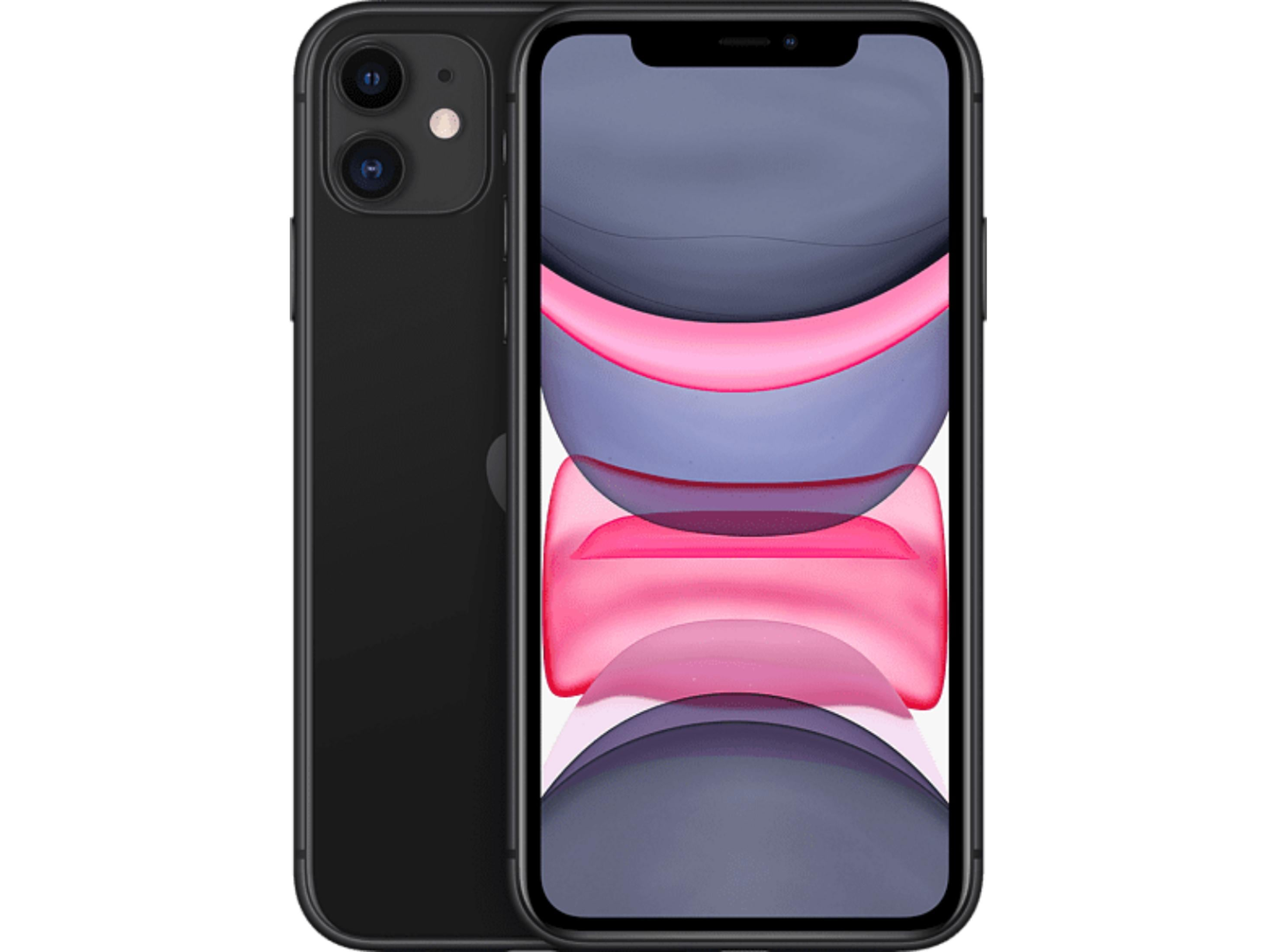 iPhone 11 nero con doppia fotocamera posteriore e tasto laterale.