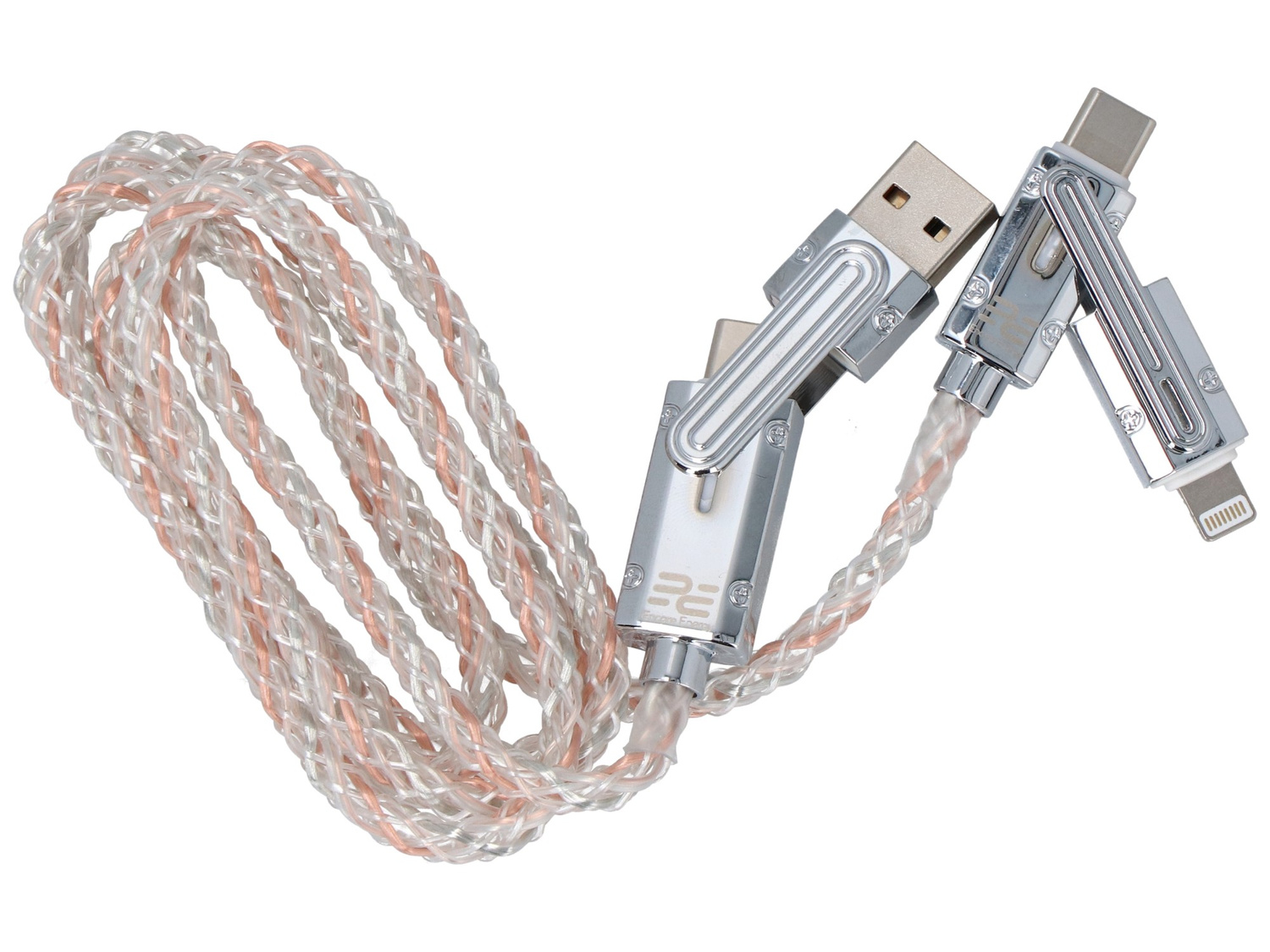 Pleciony kabel ładujący ze złączami USB, USB-C i Lightning.