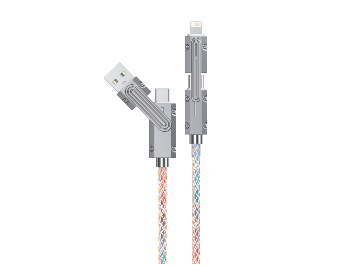 Dwa kable USB-C i Lightning z metalowymi złączami i kolorowymi, plecionymi przewodami.
