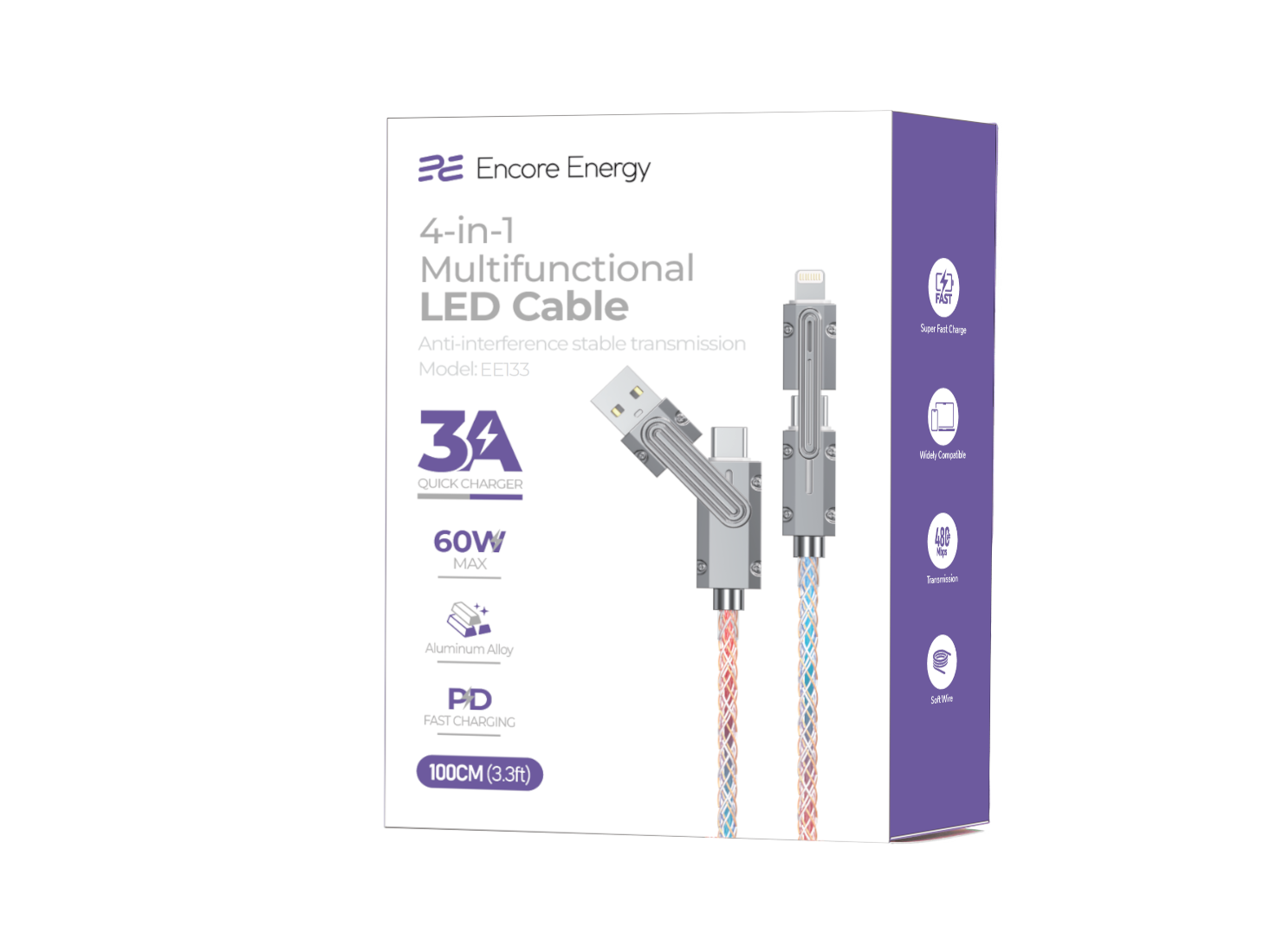 Wielofunkcyjny kabel LED 4w1 Encore Energy, 60W, stop aluminium, szybkie ładowanie PD.