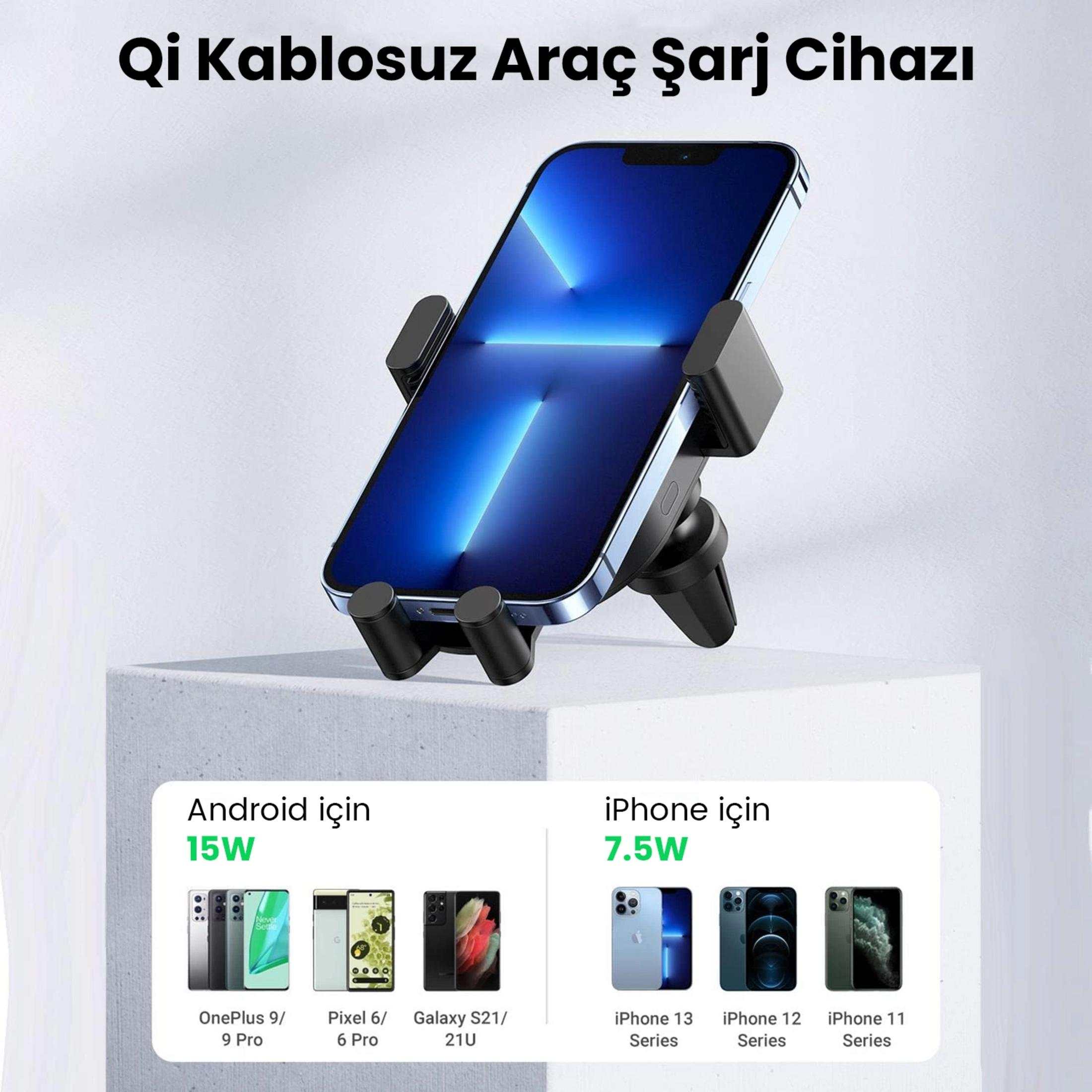 Uno smartphone in un supporto per auto nero con titolo "Caricatore auto wireless Qi".