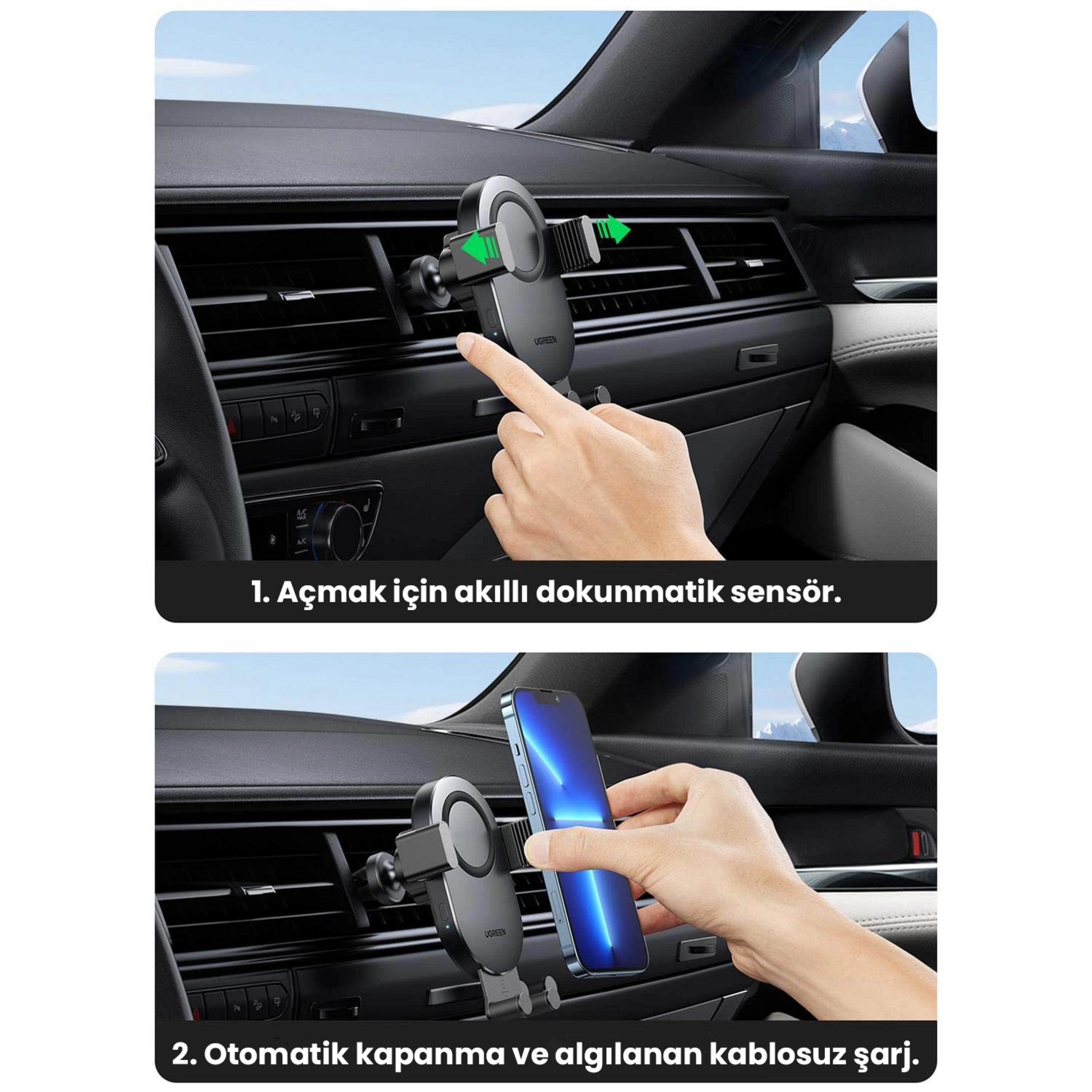 Mano aziona un supporto per telefono per auto fissato a una bocchetta di ventilazione.