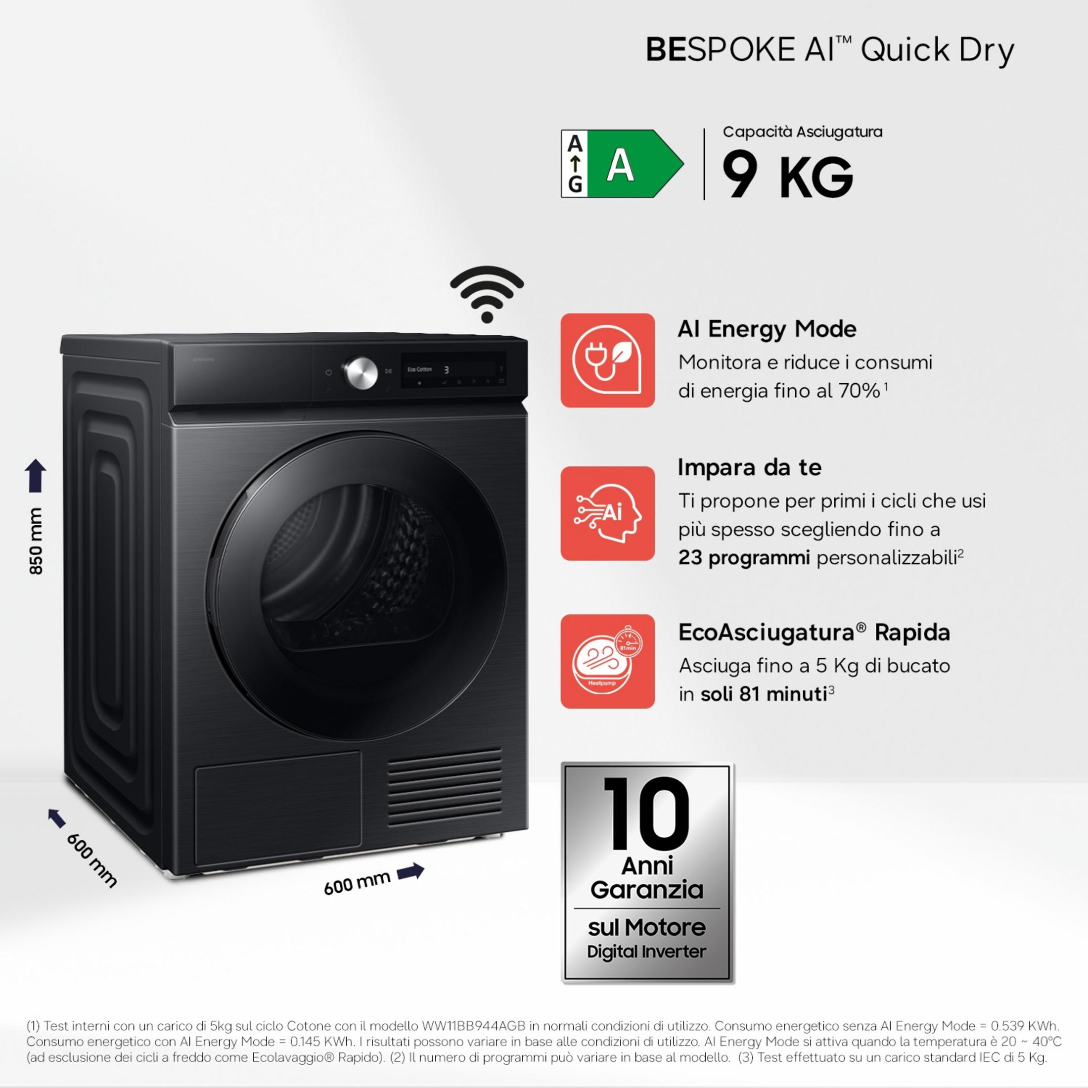 Ascigatrice Samsung nera, 9kg, Classe A, con display informativo digitale.