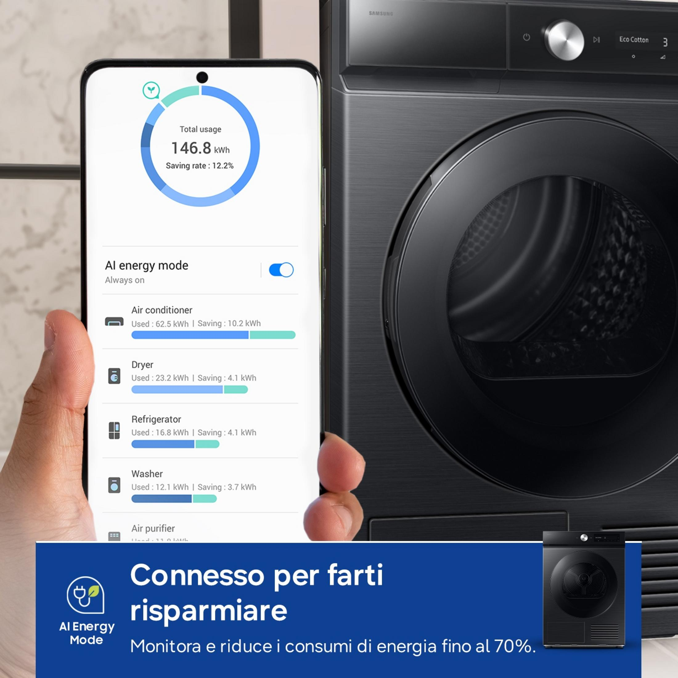Uno smartphone mostra i dati di consumo energetico accanto a una lavatrice nera.