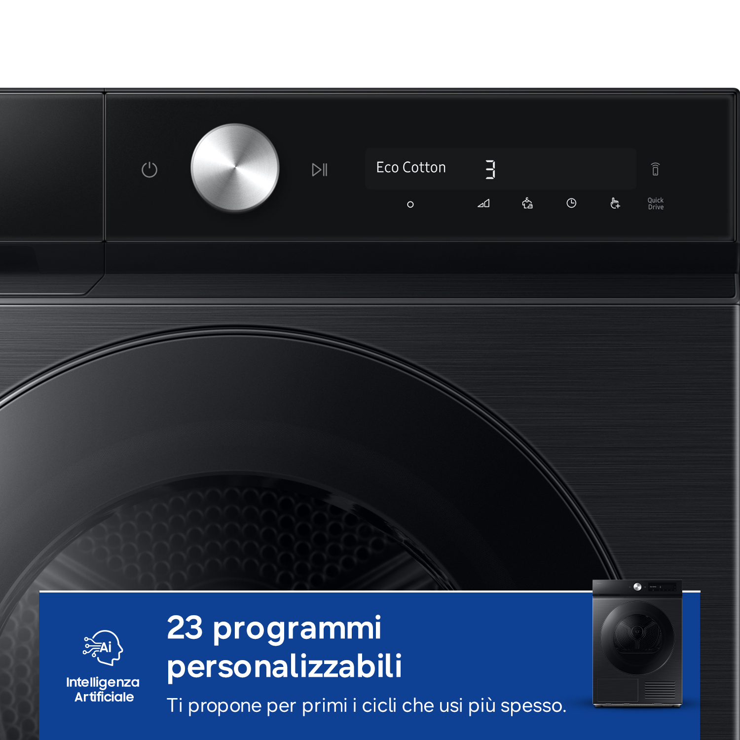 Una moderna asciugatrice nera con display digitale e pannello touch.