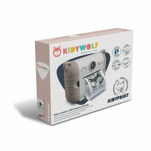 Verpackung einer Kinderkamera mit Thermodrucker, mit Wolf-Motiv.