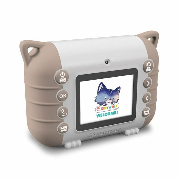 Ein braun-weißer Kinderkamera mit Wolf-Logo und 'Welcome!' auf dem Bildschirm.