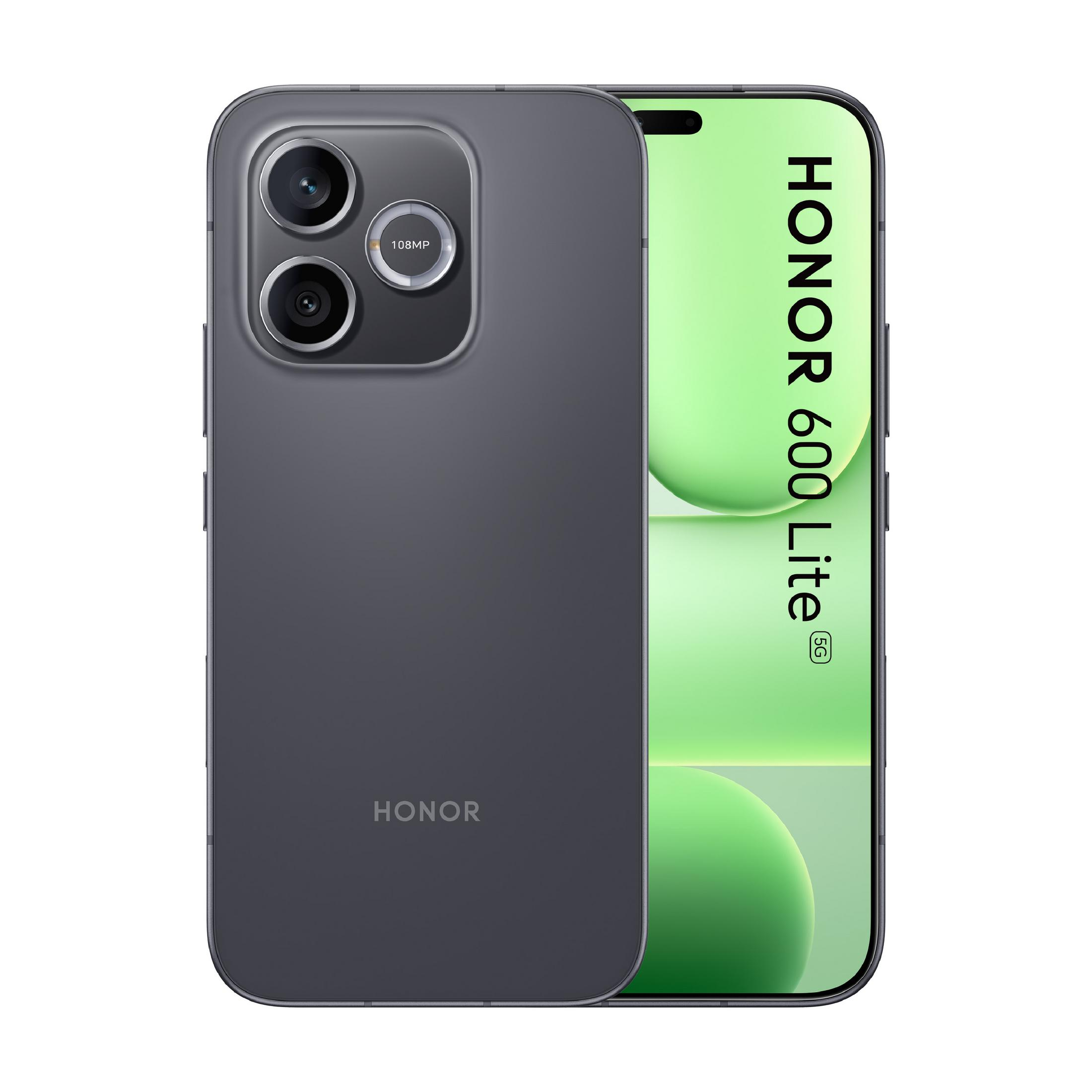 Teléfono Honor 60 Lite 5G gris con cámara de 108MP en la parte trasera, fondo verde.