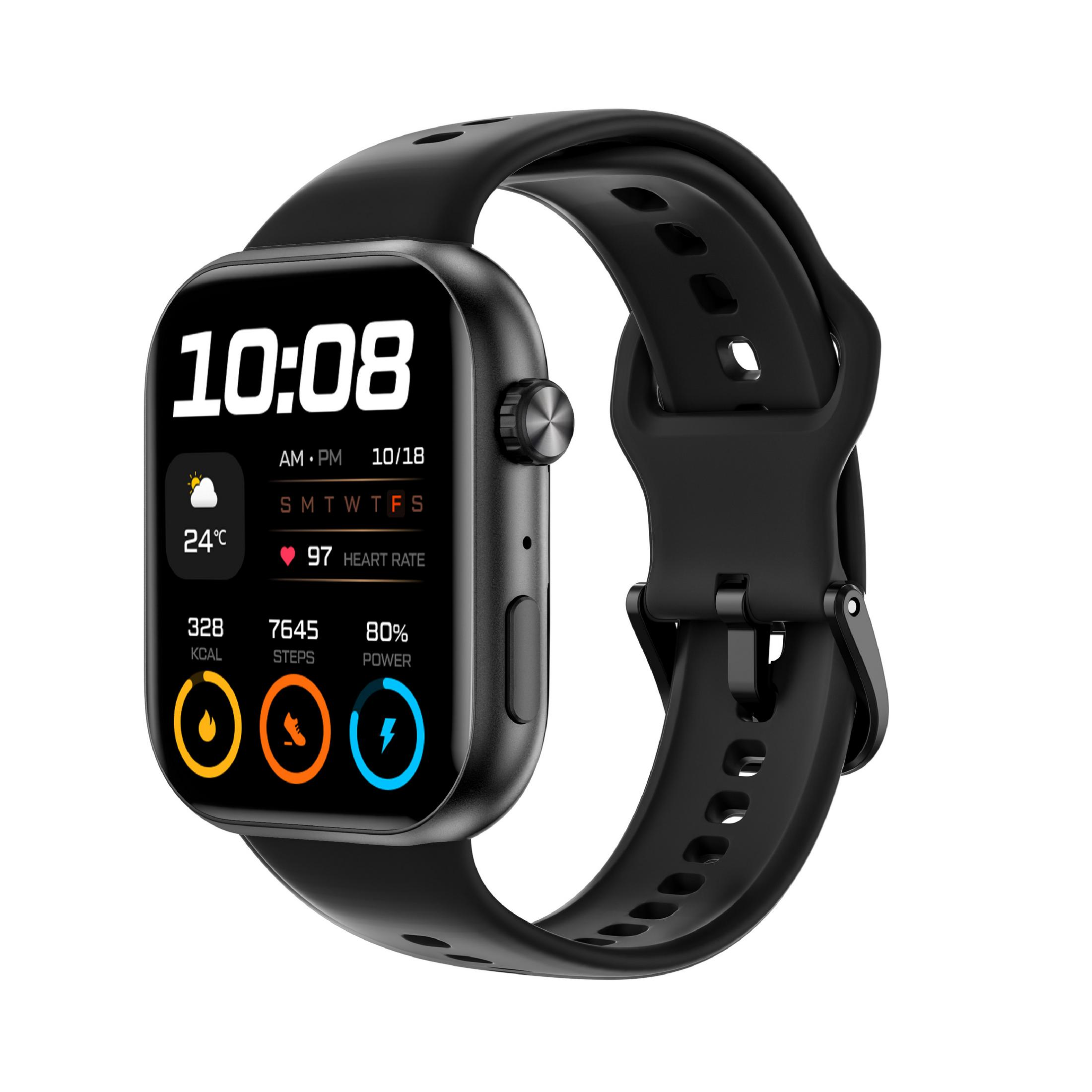 Reloj inteligente negro que muestra hora, temperatura, ritmo cardíaco, pasos, kcal y energía.