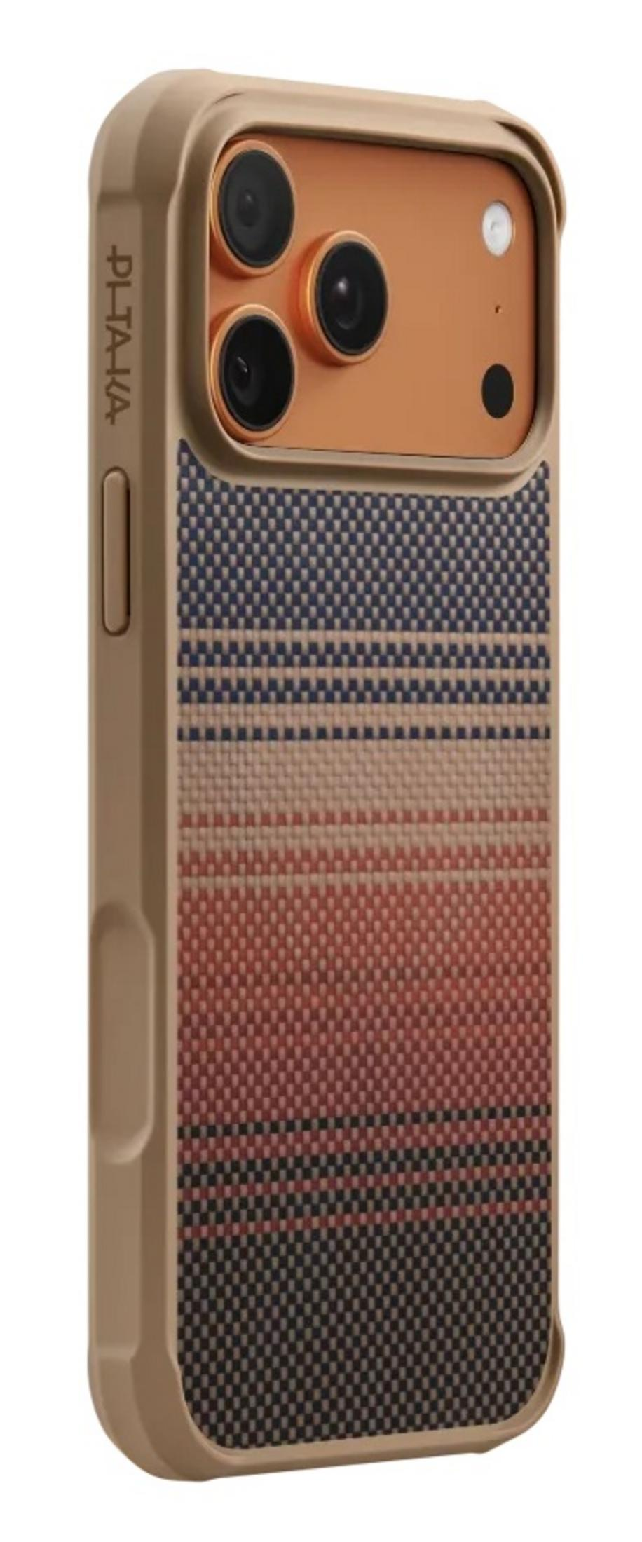 Beżowe etui na iPhone z tyłem w niebiesko-pomarańczowo-czarne wzory.
