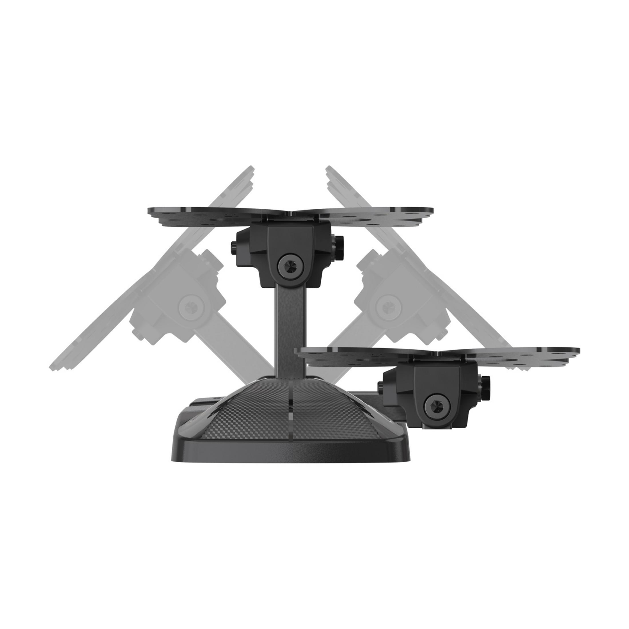 Un soporte de monitor negro y ajustable con base de fibra de carbono.