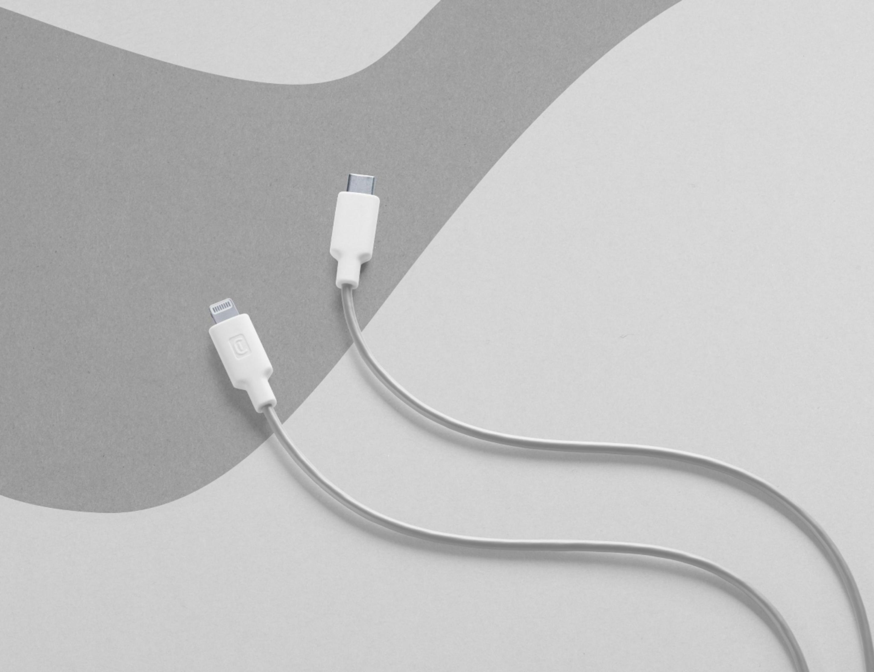 Dos cables blancos con conectores diferentes sobre fondo gris.