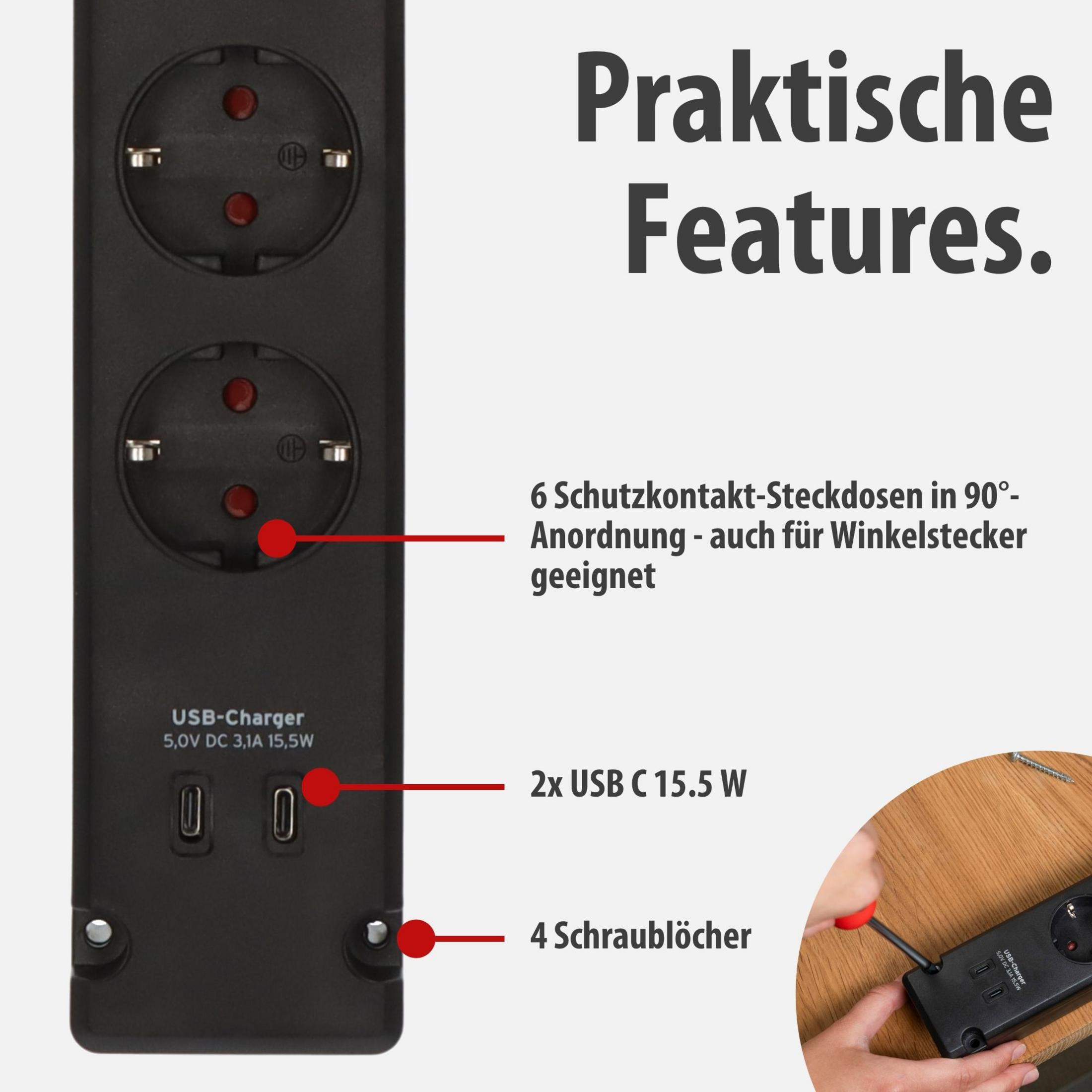 Multipresa nera con 6 prese, 2 porte USB-C e fori per viti.