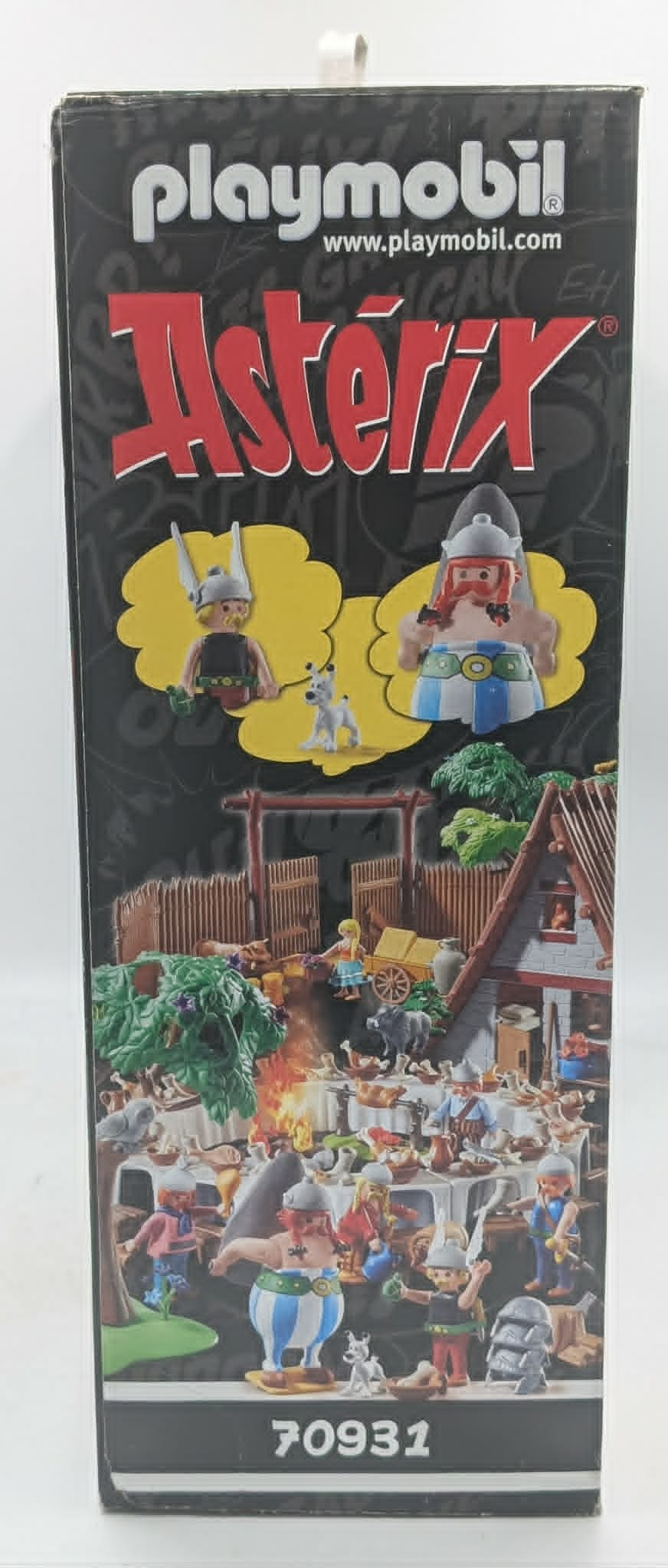 Playmobil Asterix-Verpackung mit Figuren, Dorf und Festmahl-Szene.