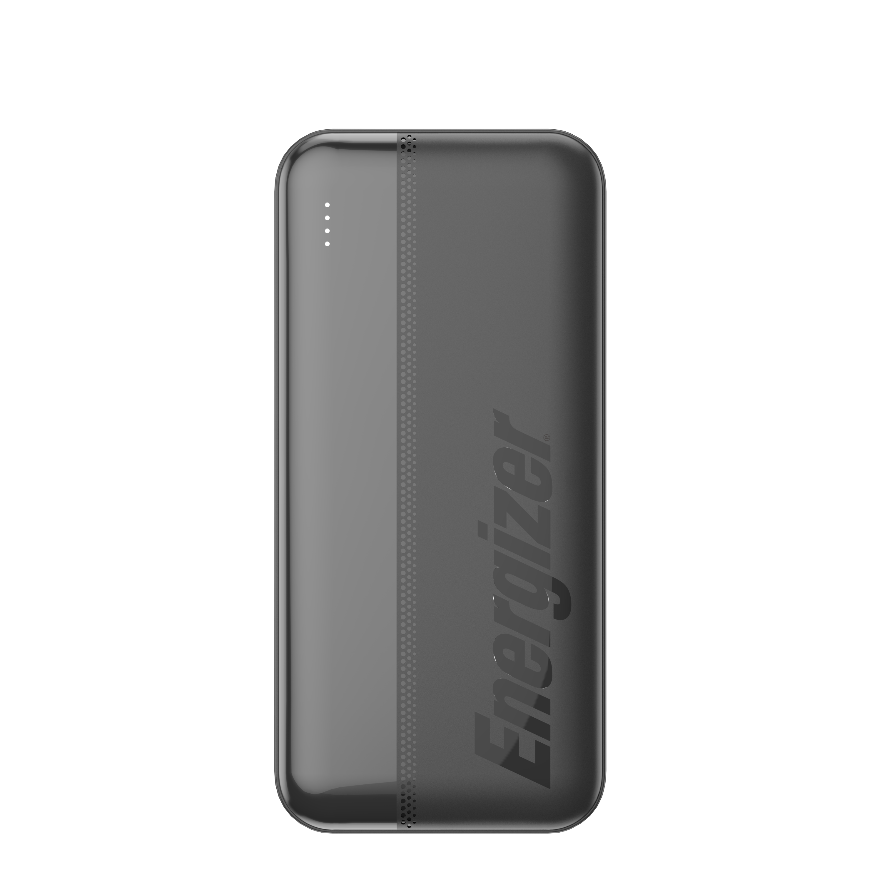 Grijze Energizer powerbank met gestippelde streep en oplaadindicatoren.