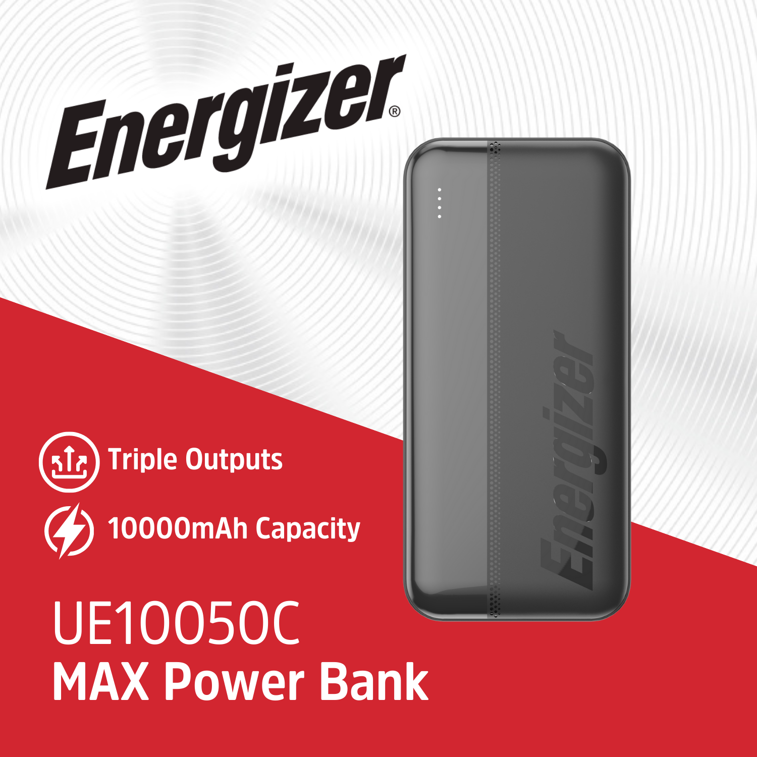 Energizer UE10050C MAX Power Bank met 10000mAh capaciteit en triple outputs.