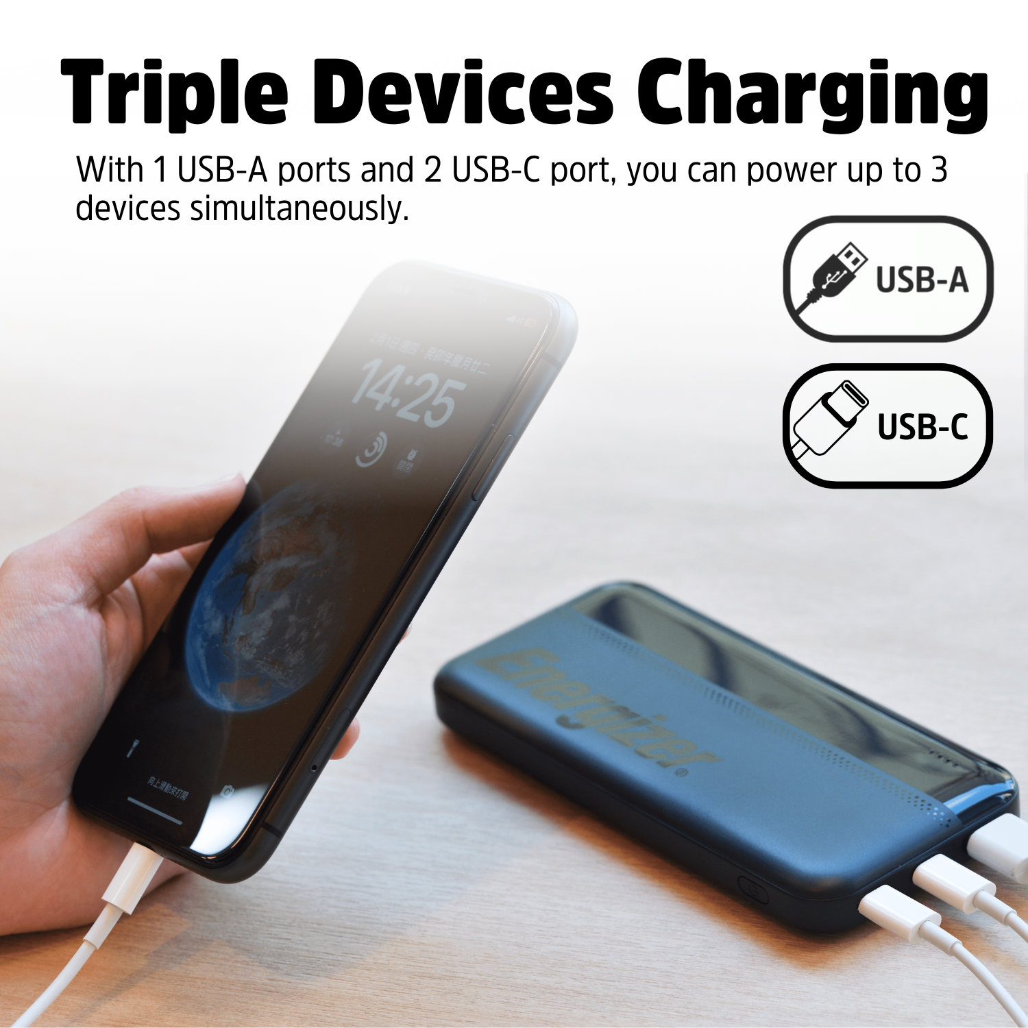 Een telefoon wordt opgeladen door een powerbank met USB-A en USB-C poorten.
