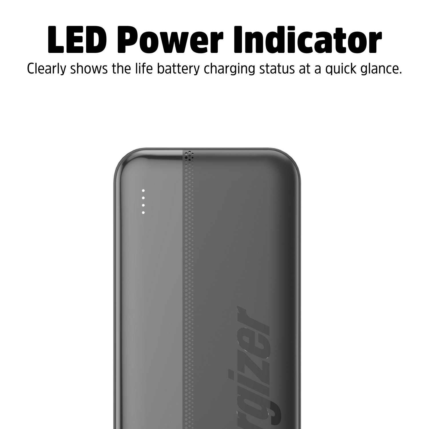 Grijze powerbank met LED-indicatielampjes en Energizer-logo.