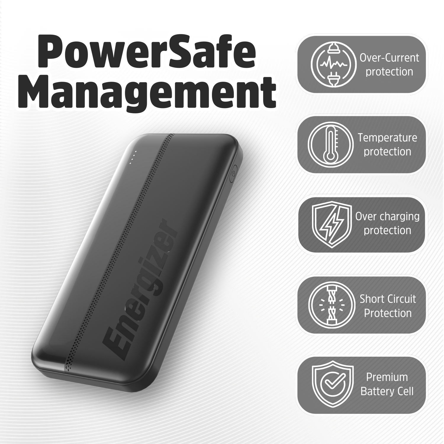 Zwarte Energizer powerbank met beveiligingsfuncties: overstroom, temperatuur, overladen, kortsluiting, premium batterij.