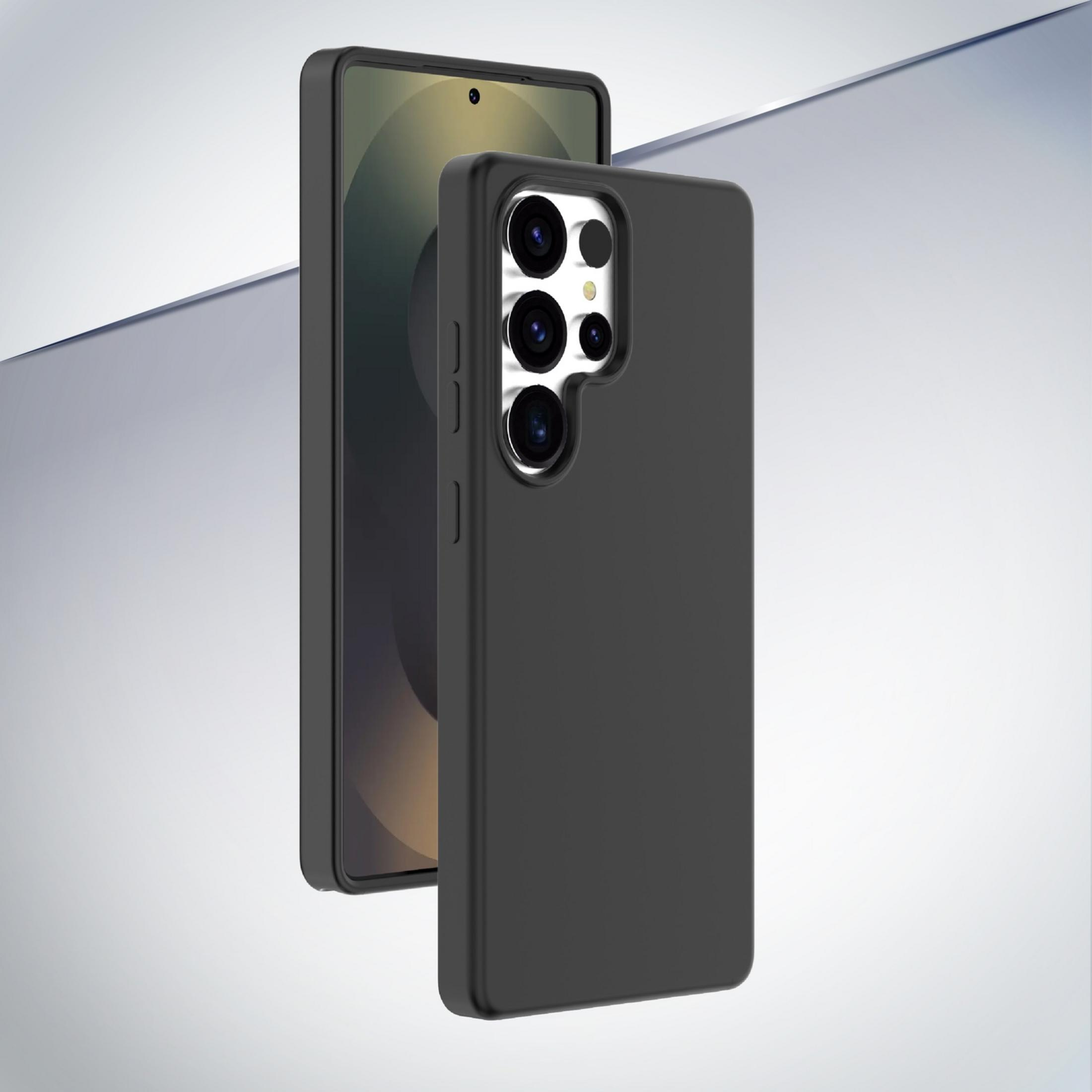 Uno smartphone nero con custodia, su una superficie grigia.