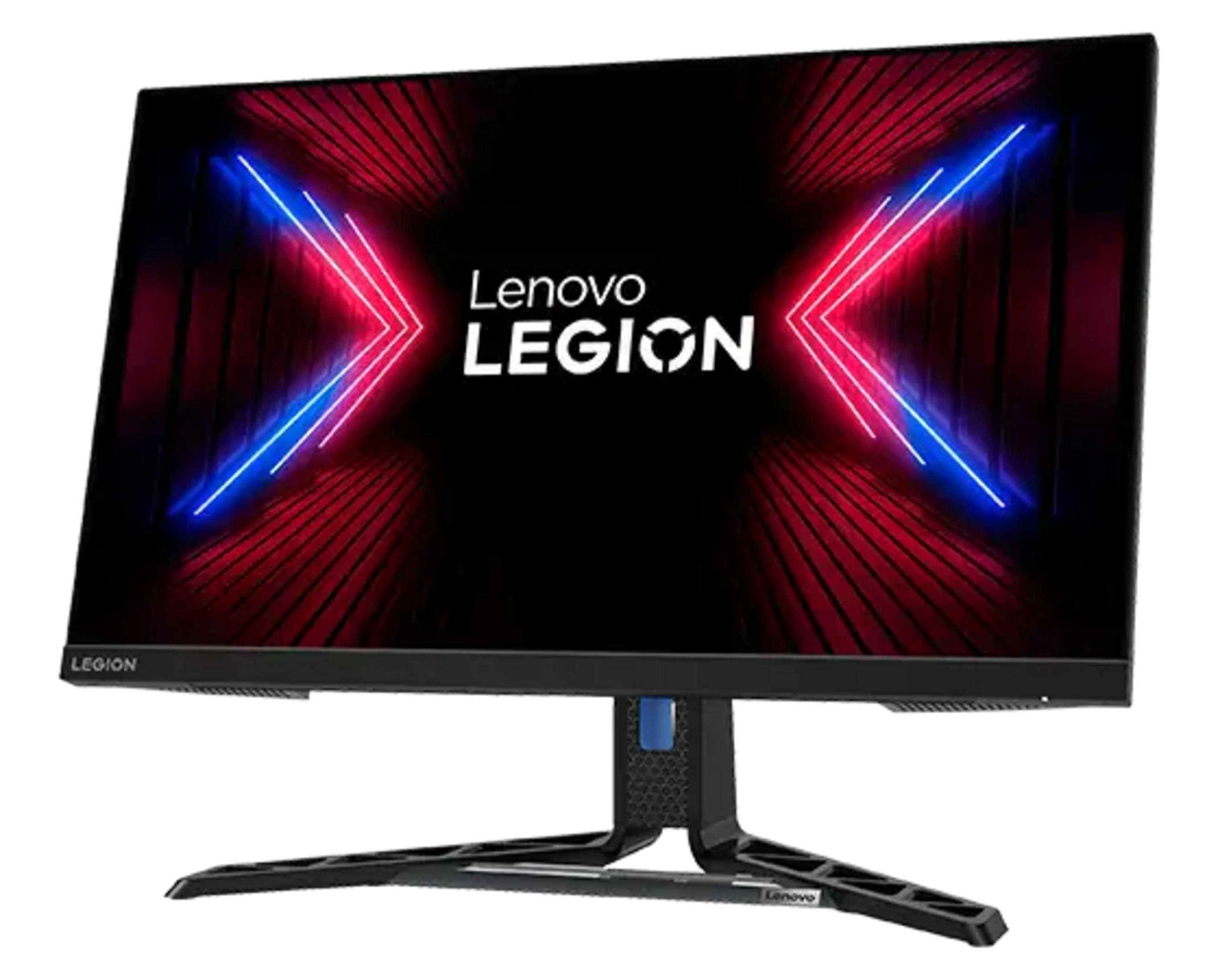 Monitor gamingowy Lenovo Legion z czarnym stojakiem i grafiką w tle czerwono-niebieską.