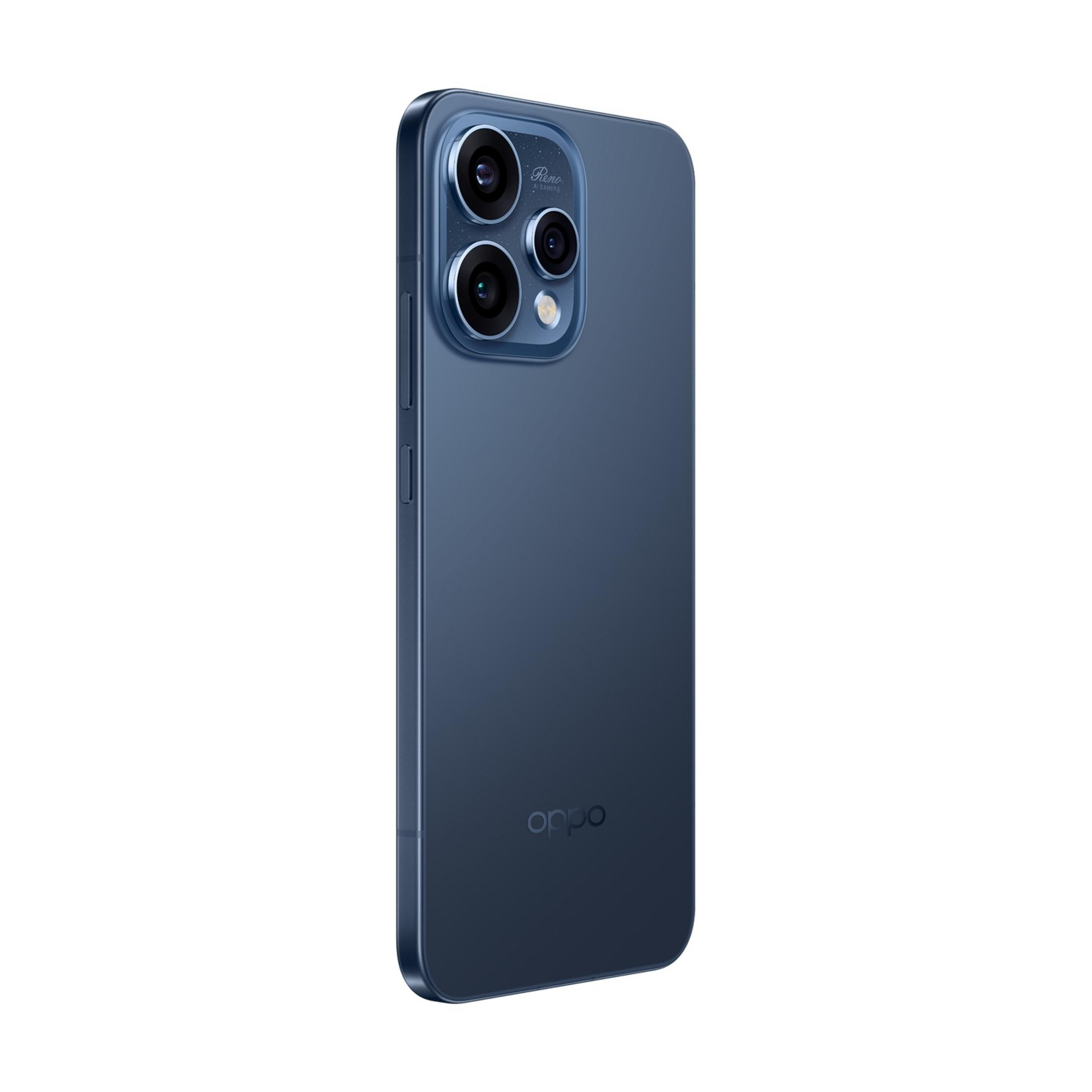 Smartphone blu scuro con tre fotocamere e il logo Oppo sul retro.