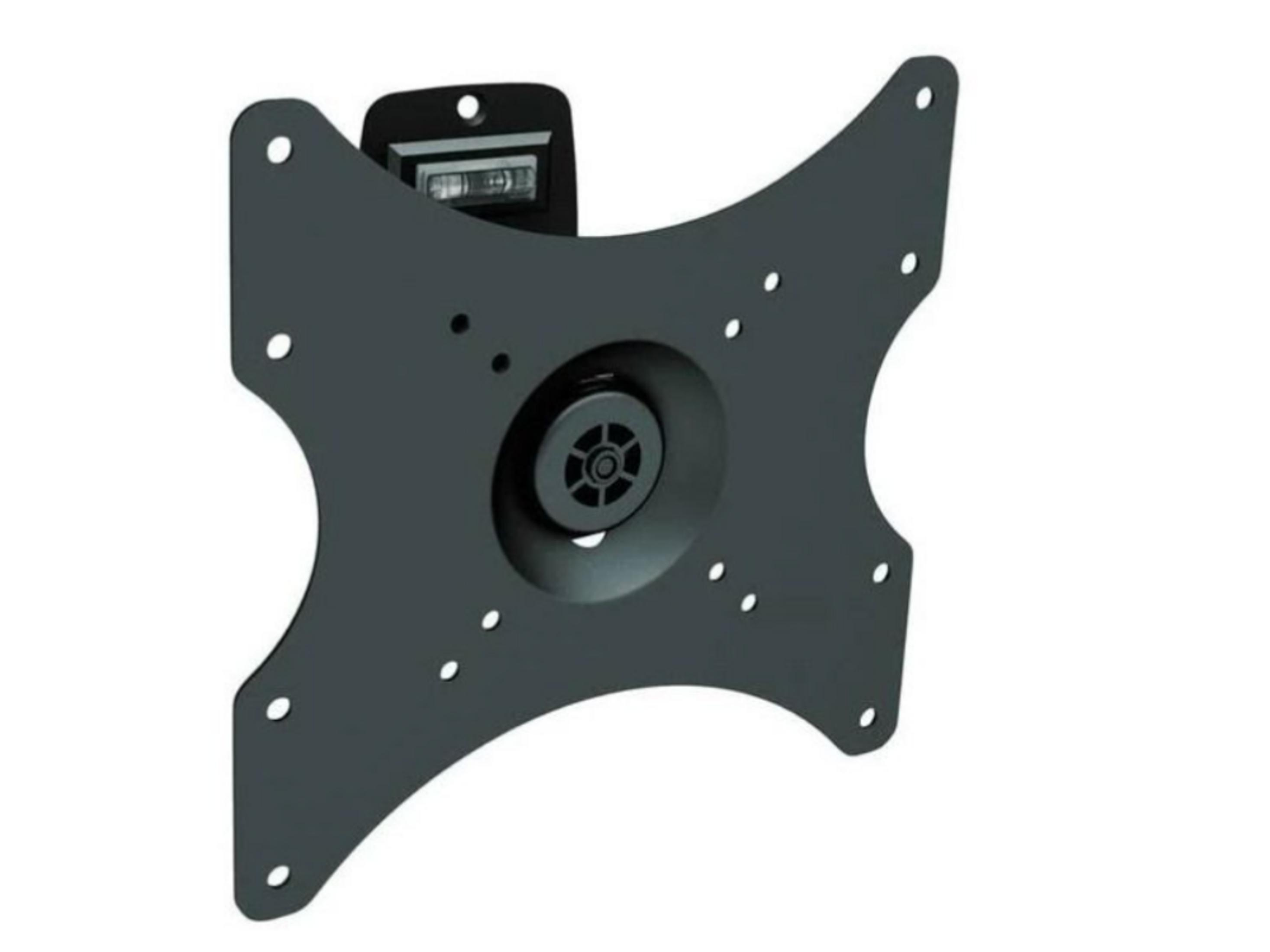 Eine schwarze TV-Wandhalterung mit einem zentralen Gelenk und Befestigungslöchern.
