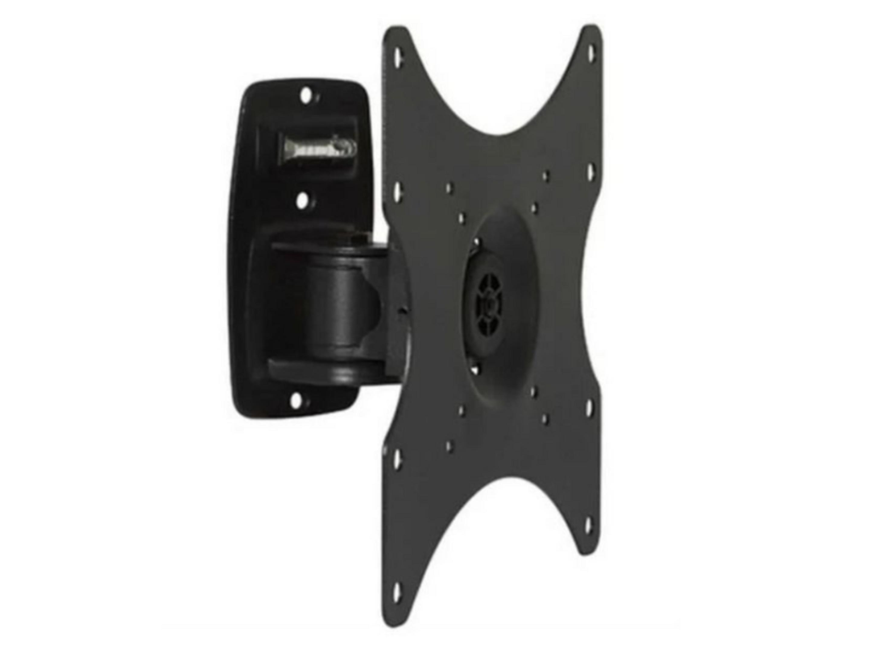 Schwarze TV-Wandhalterung aus Metall mit Gelenkarm. Weißer Hintergrund.