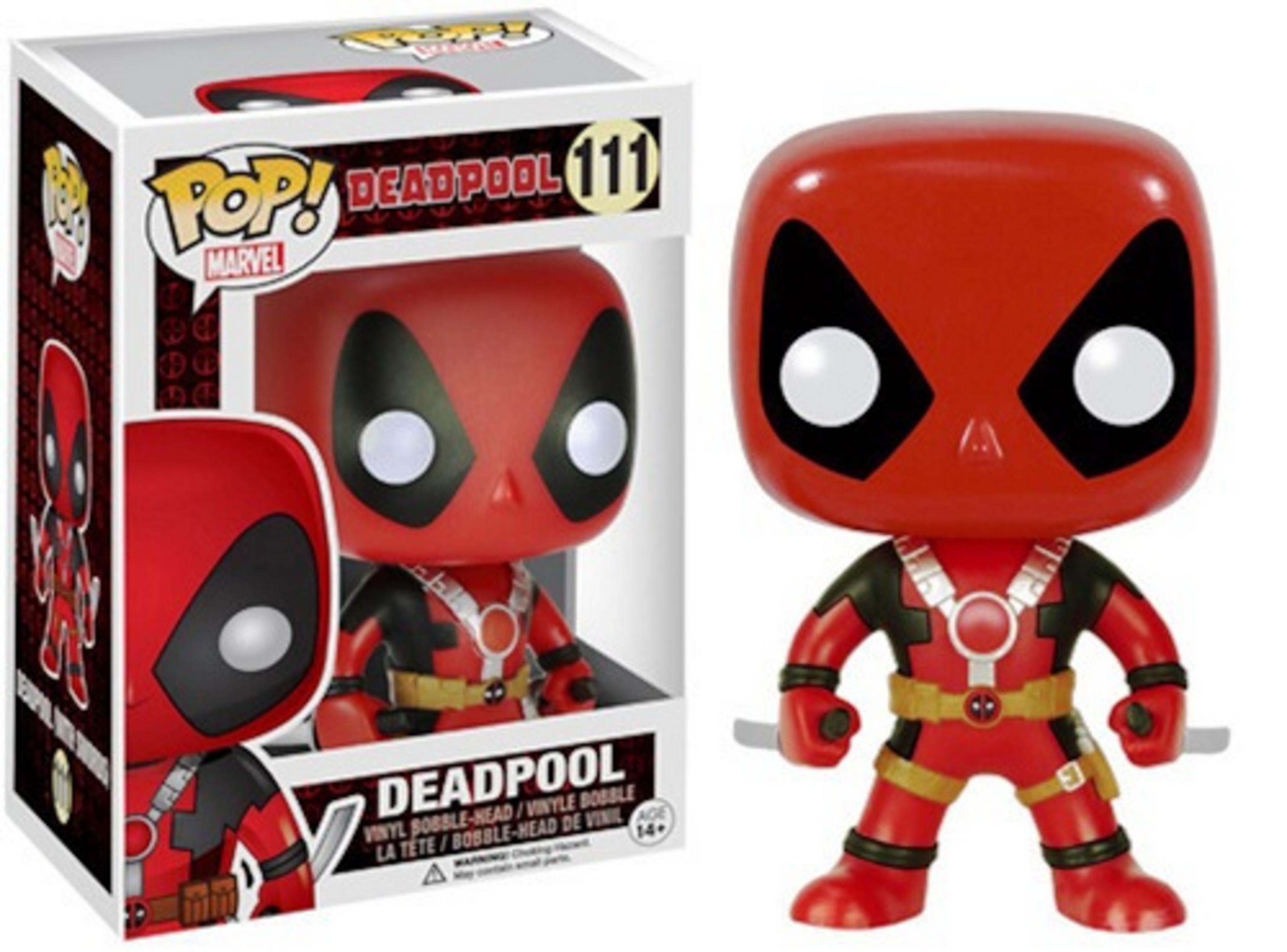 Un Funko Pop di Deadpool con confezione, abito rosso e nero.