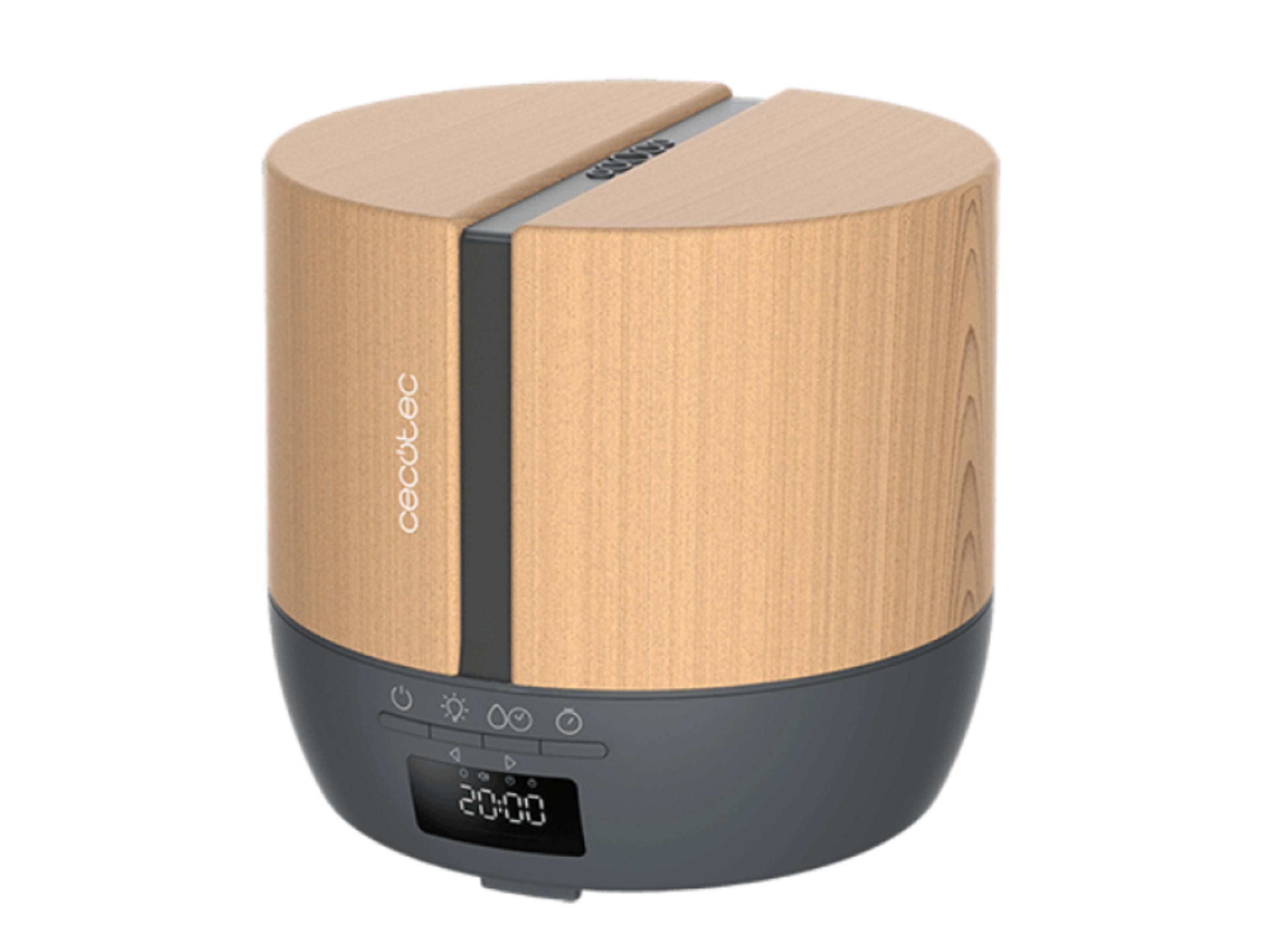Un diffusore effetto legno con base scura che mostra l'ora digitale.