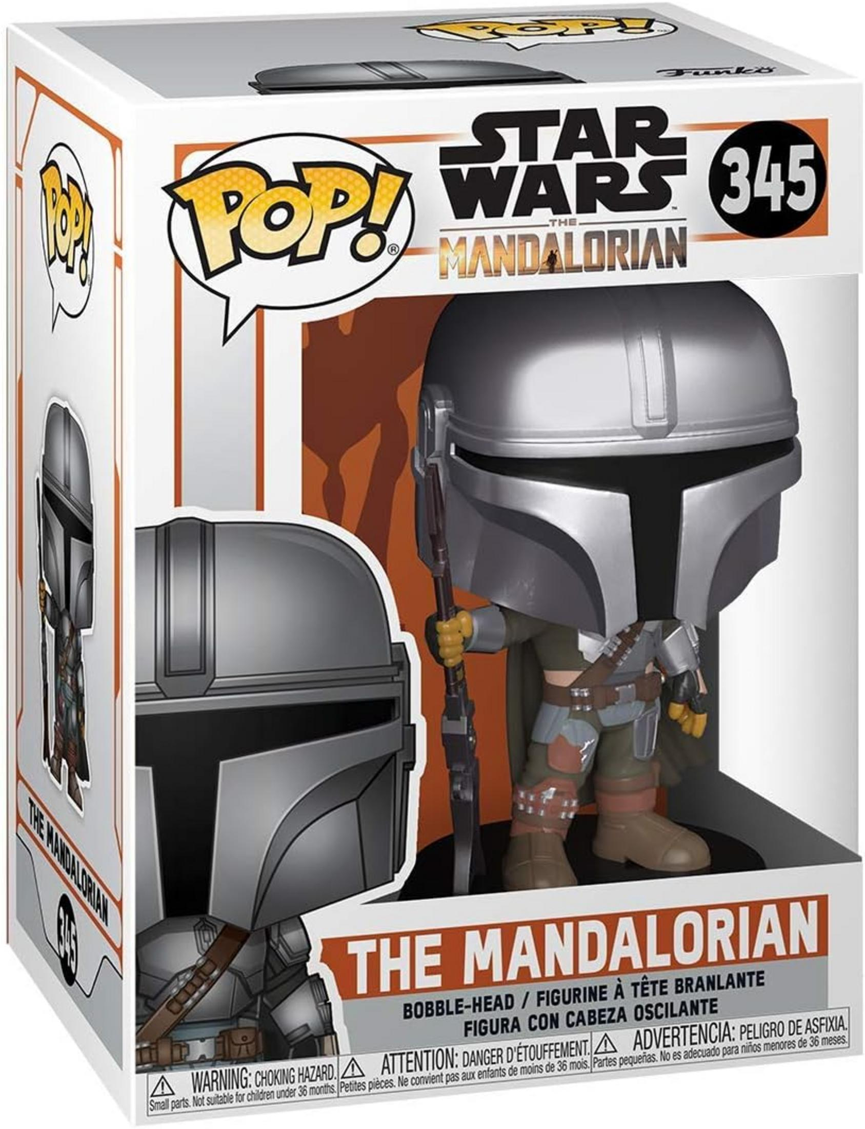 Action figure Funko Pop! del Mandaloriano con elmo e blaster nella scatola.