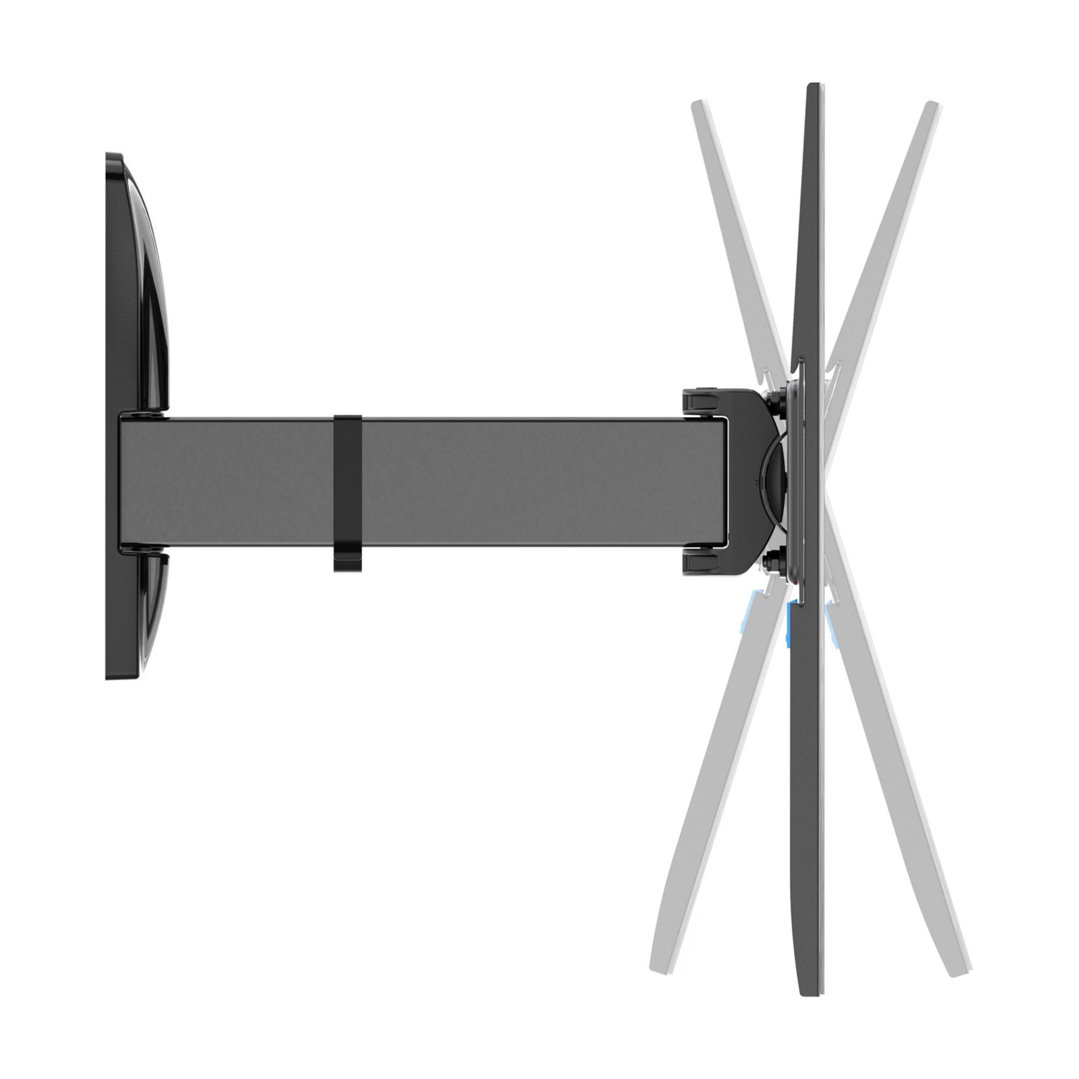 Een grijze monitorarm met een zwarte muurbeugel, getoond in uitgestrekte positie.