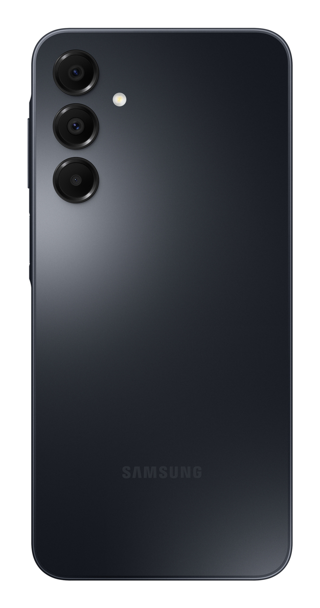 Smartphone Samsung grigio scuro con tre fotocamere e flash in alto a sinistra.