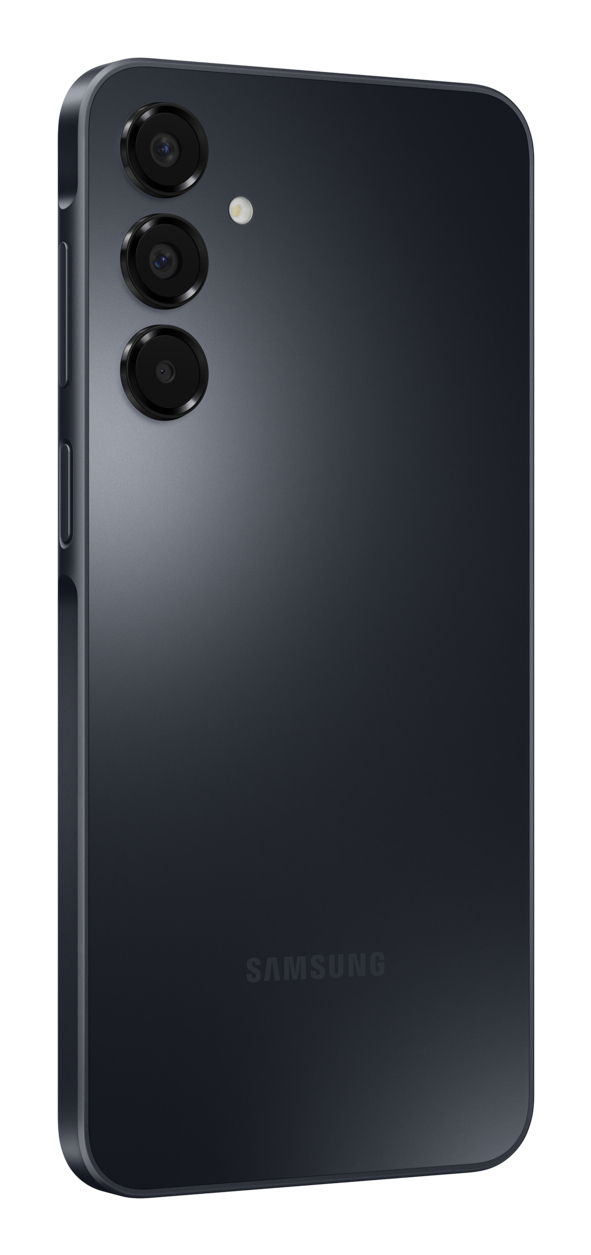 Smartphone Samsung grigio scuro vista posteriore con tre fotocamere e flash.