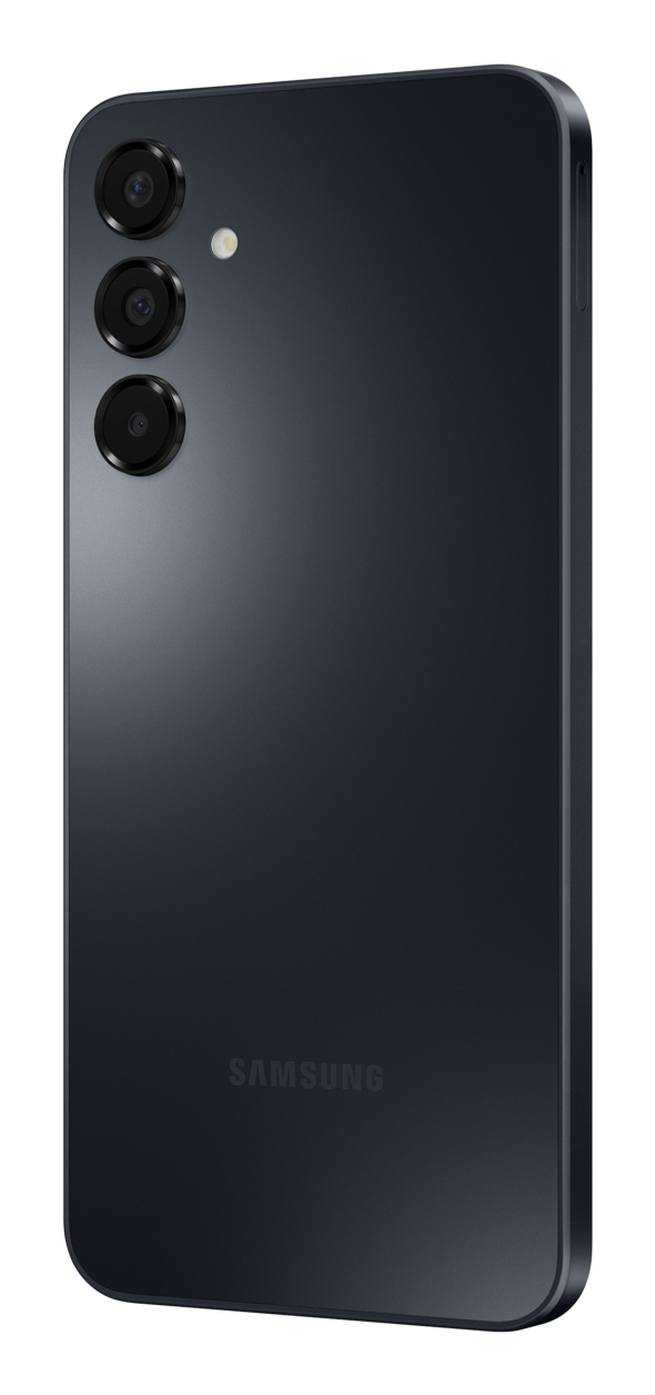 Smartphone Samsung grigio scuro con tre fotocamere posteriori e flash.