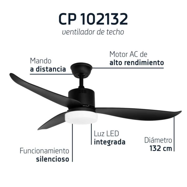 Ventilatore da soffitto nero con 3 pale, luce LED e telecomando.