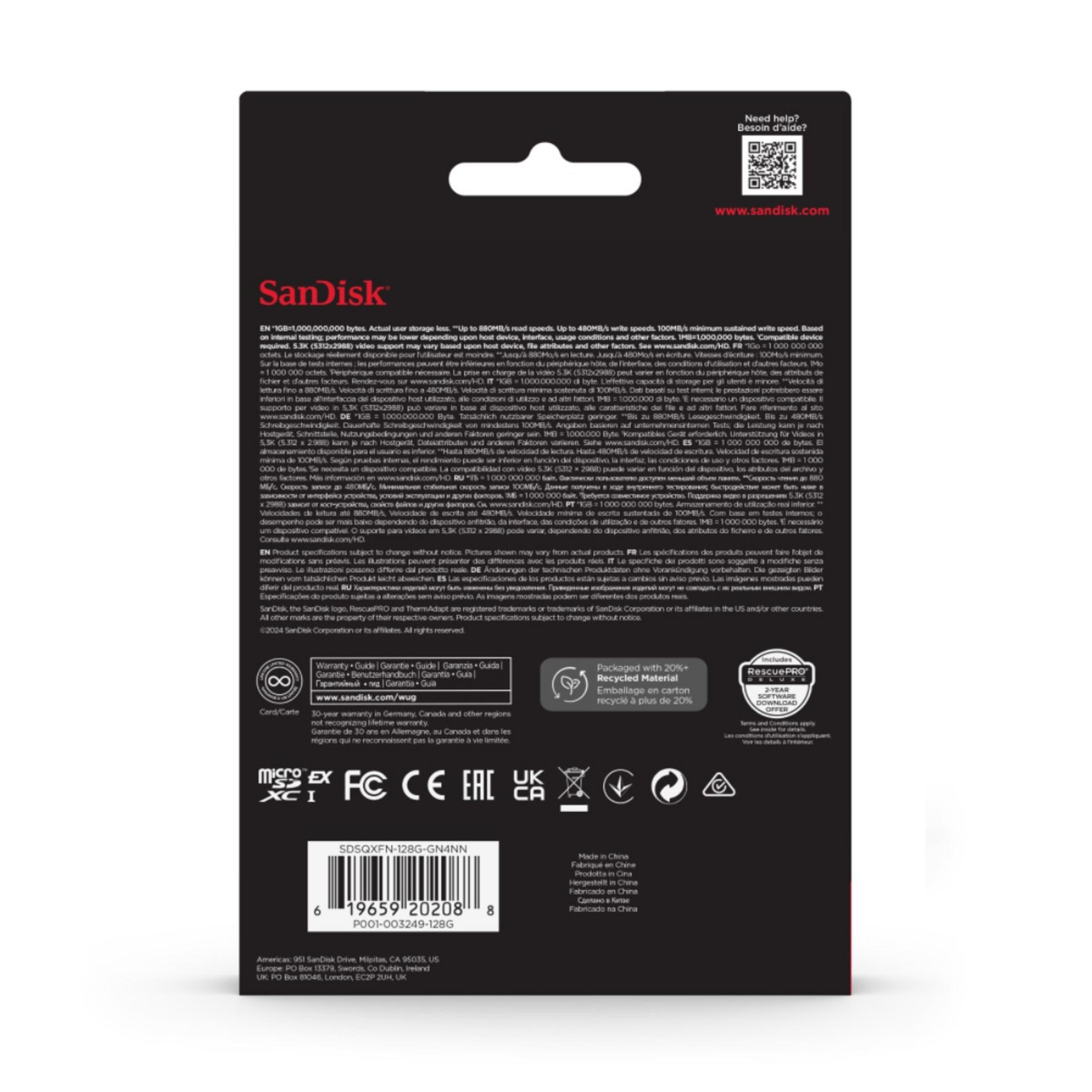 SanDisk geheugenkaart met specificaties en logo's. QR-code rechtsboven.