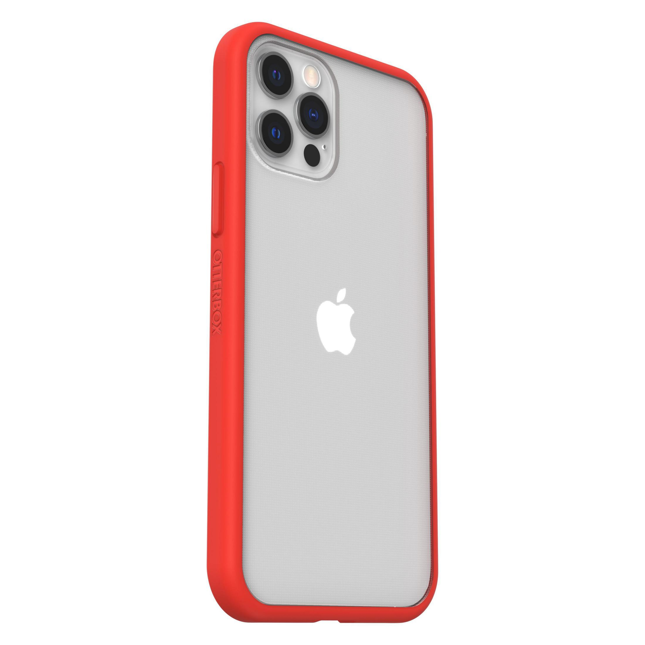 Rote Hülle für ein iPhone mit transparentem Rücken und Apple-Logo.