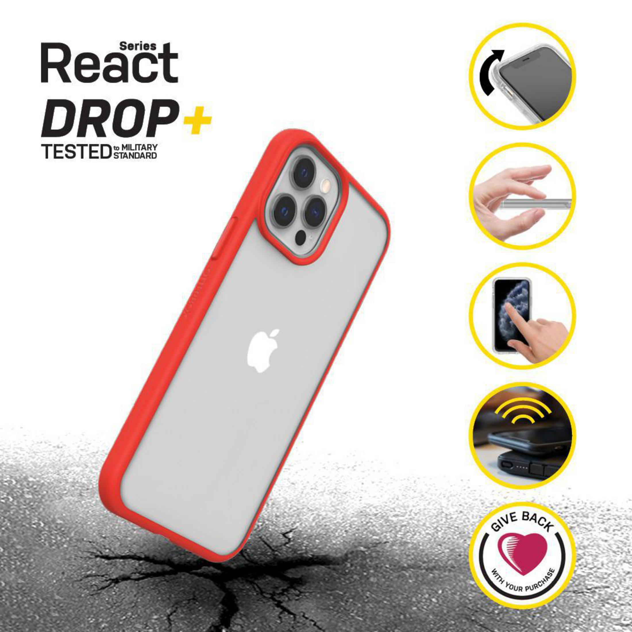 Rote Hülle für iPhone auf zerkrümeltem Untergrund. Nebenan sind kleine Kreise mit Symbolen.