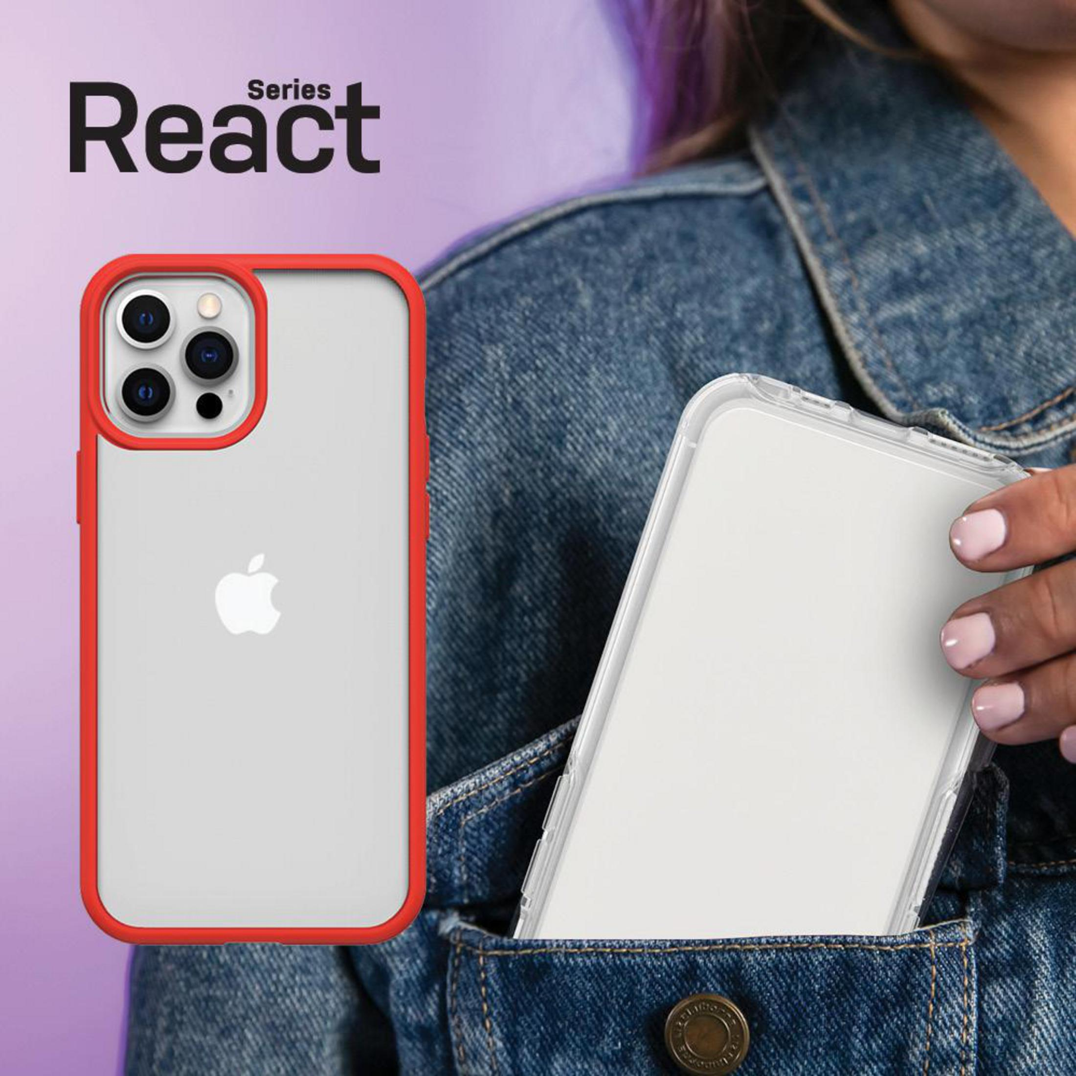 Ein iPhone mit rotem Rand liegt neben einer Jeansjacke. Text: Series React.